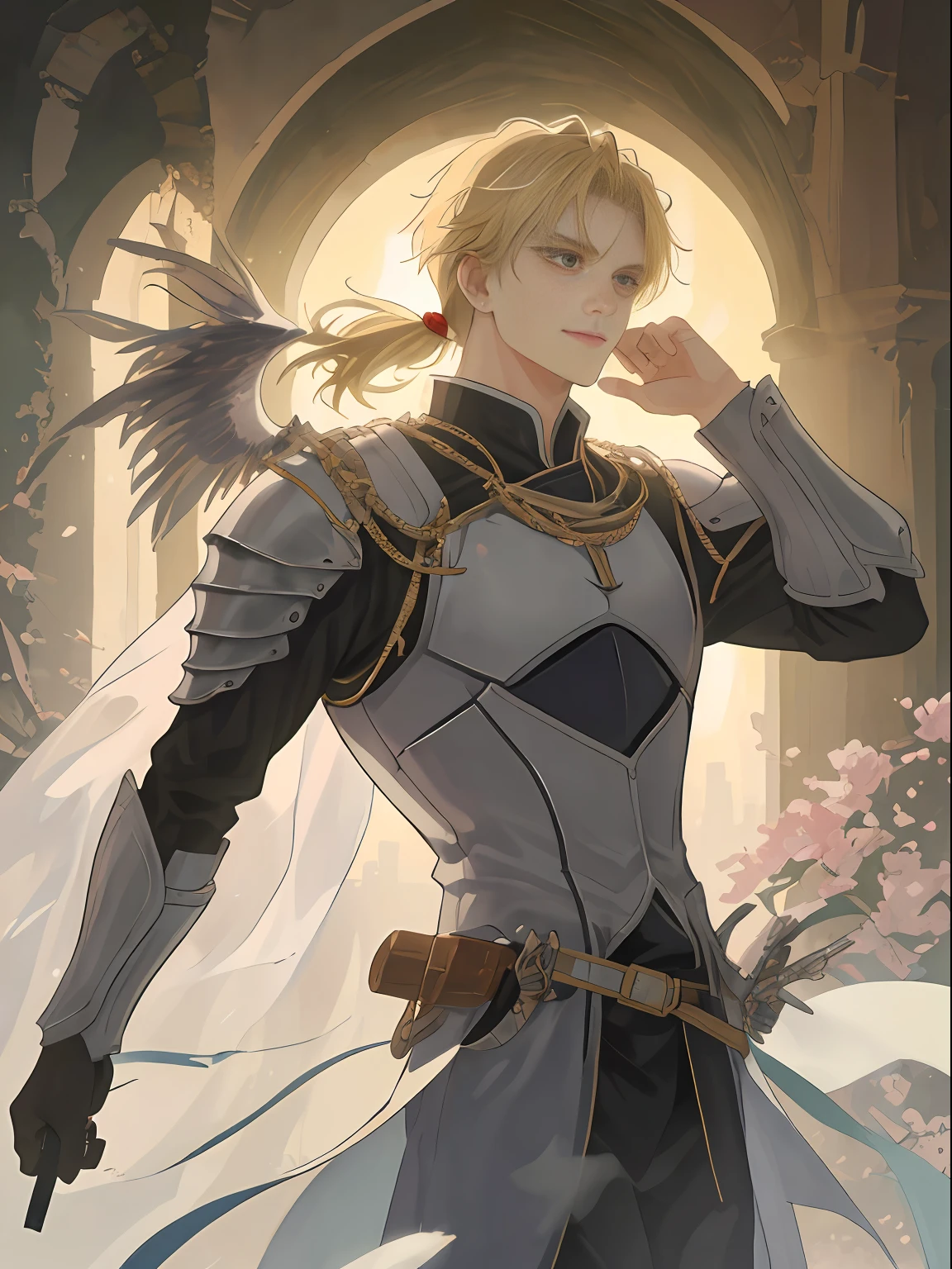 ((top quality, masterpiece)), (two men), (amid the ruins, silence drifts. There stands a beautiful man wizard with blonde long hair in a white robe. His robe has worn out, but has not lost its elegance. His face is filled with the light of knowledge and power, and his eyes shine with magic. He holds a wand in his hand, and a faint magical energy leaks out of it. Beside the wizard stands a fearless short-haired black-haired male knight dressed in black armor. His armor is riddled with scratches, and traces of combat emerge. A stern expression is carved on the knight's face, and his eyes shine sharply. In his hand is a sword, the blade of which burns with fighting spirit. They are looking at each other. The walls of the ruins are carved with ancient characters and paintings. The surrounding ruins consist of decaying walls and crumbling pillars, creating a mysterious atmosphere. ), watercolor, otaku gangasta, Sirius A and Sirius B, from high quality fan art, fantasy, and cryptid academia, epic anime style, detailed fan art, illustrations, Akihiko Inoue and Los Tran, flowers, smiles,