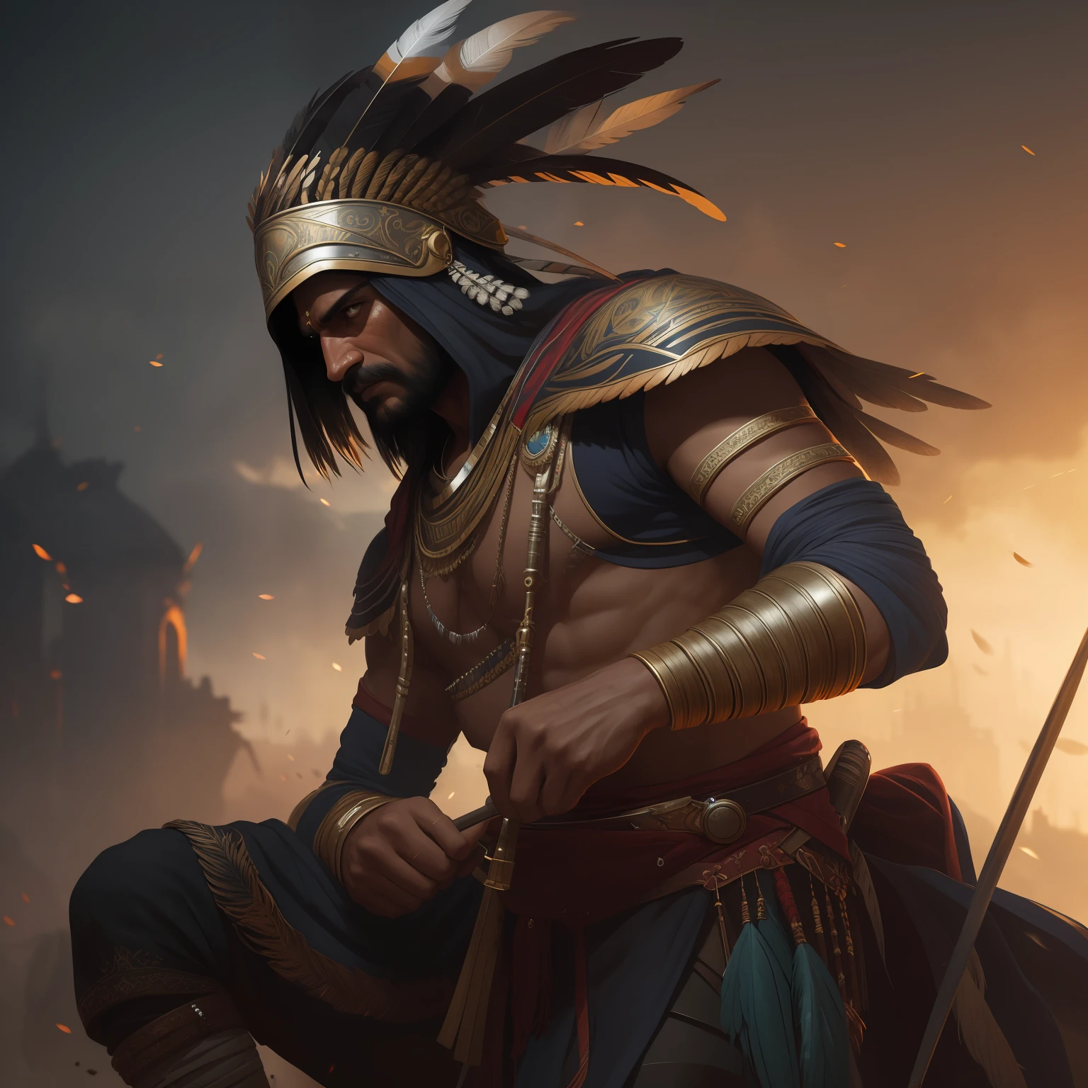 Indian warrior king, metal feathers, cinematic, realistic, trend in artstation, sharp focus, studio photo, intricate details, highly detailed, by greg rutkowski --auto