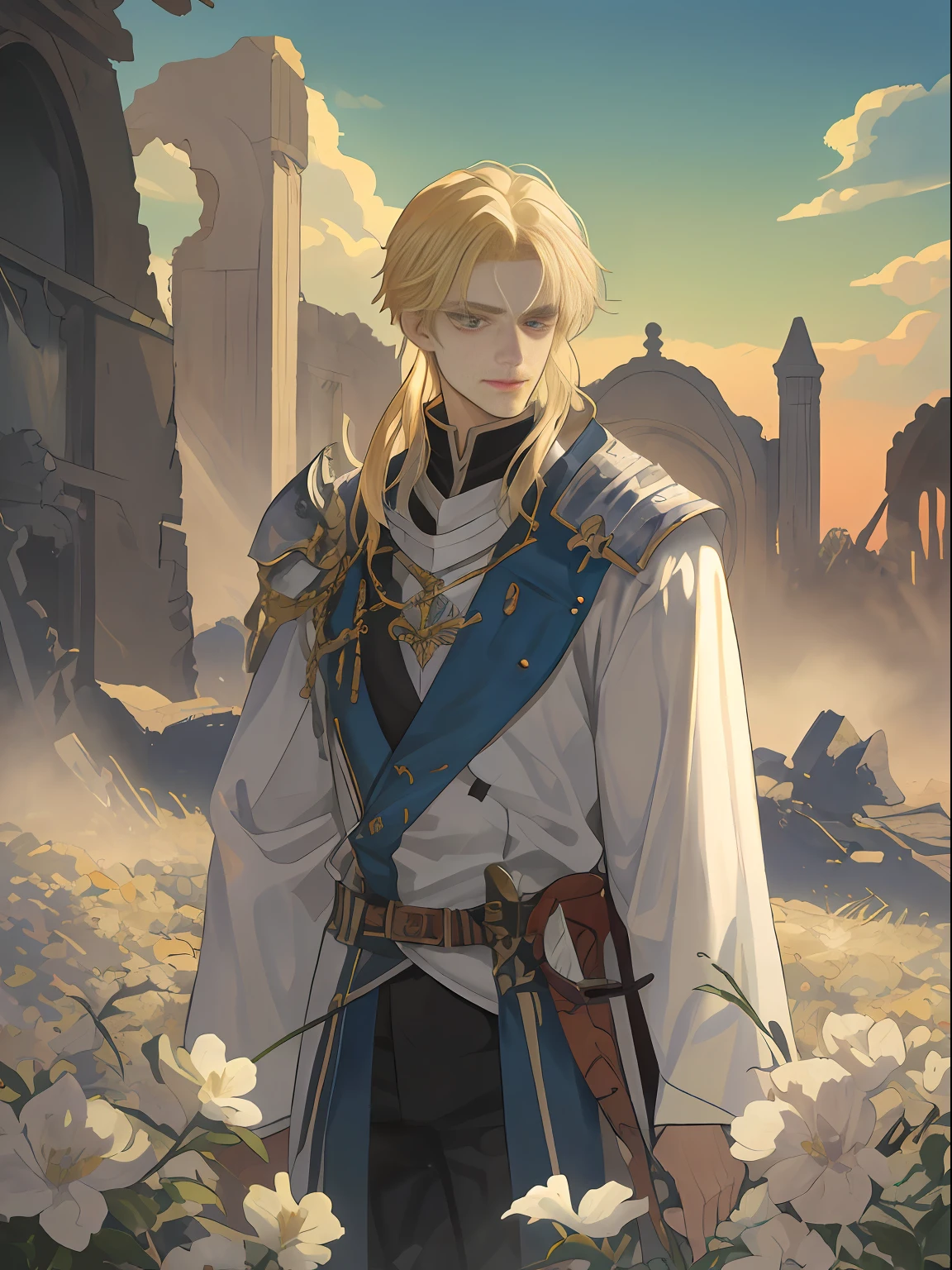 ((top quality, masterpiece)), (two men), (amid the ruins, silence drifts. There stands a beautiful man wizard with blonde long hair in a white robe. His robe has worn out, but has not lost its elegance. His face is filled with the light of knowledge and power, and his eyes shine with magic. He holds a wand in his hand, and a faint magical energy leaks out of it. Beside the wizard stands a fearless short-haired black-haired male knight dressed in black armor. His armor is riddled with scratches, and traces of combat emerge. A stern expression is carved on the knight's face, and his eyes shine sharply. In his hand is a sword, the blade of which burns with fighting spirit. They are looking at each other. The walls of the ruins are carved with ancient characters and paintings. The surrounding ruins consist of decaying walls and crumbling pillars, creating a mysterious atmosphere. ), watercolor, otaku gangasta, Sirius A and Sirius B, from high quality fan art, fantasy, and cryptid academia, epic anime style, detailed fan art, illustrations, Akihiko Inoue and Los Tran, flowers, smiles,
