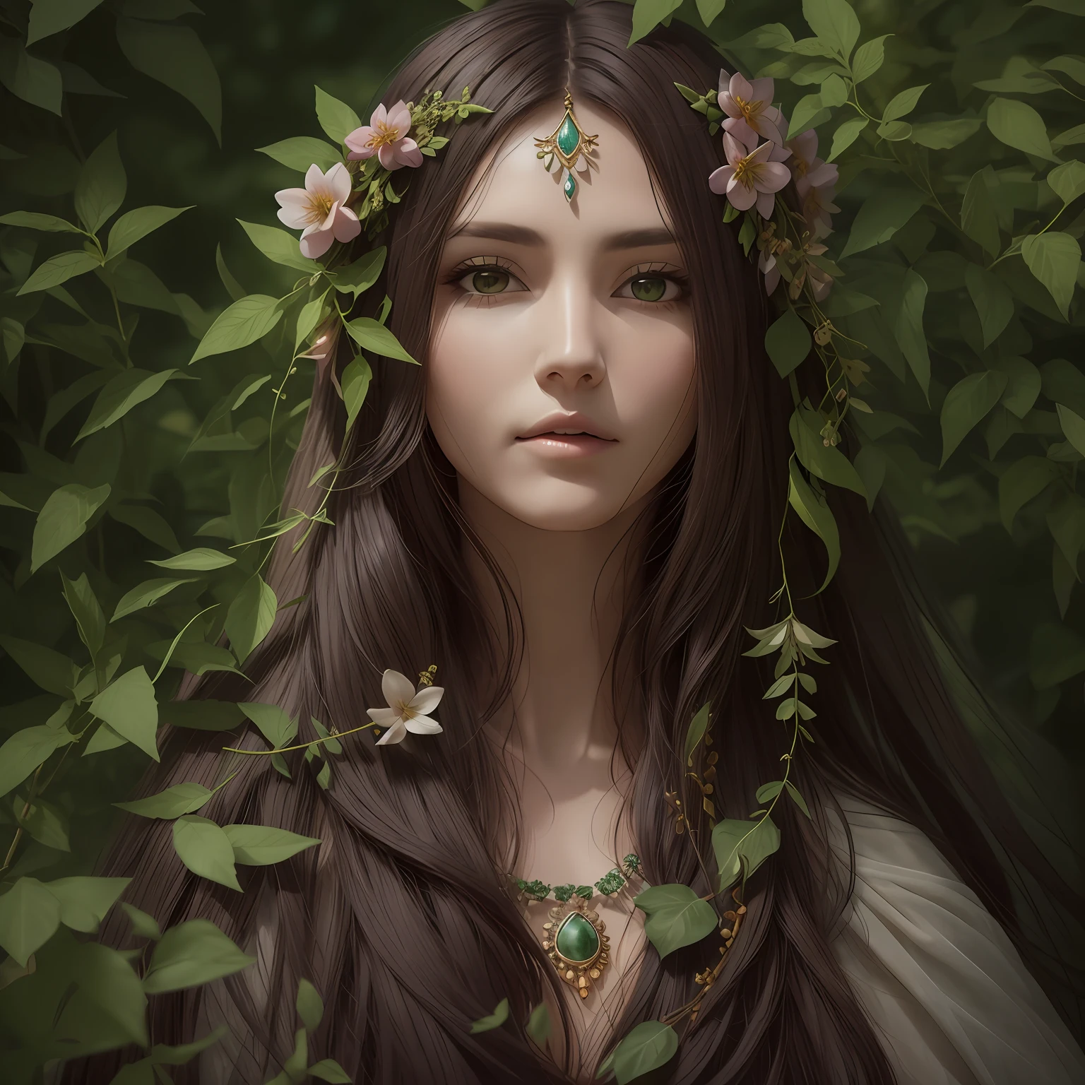 Complex 3 d render of ANGELINA JOLIE, with an illuminated face, white feathers, beautiful natural light, rim light, 1 5 0 mm lens, illuminated light blue leaves, feathers, white branch crown ,, white flowers, leaves and stems of herbs, white flowers, lace of fine foliage, steampunk, details in silver gold filigree, fine linen, beautiful natural light,  studio lights, rim light, highly detailed, hyperrealistic, sharp, octane render, H. R. Giger style, volumetric lighting, 8K post-production --auto