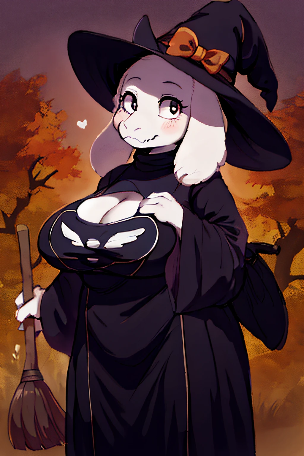 witch and pumpkin with a broom and a pumpkin, big real life mother, halloween art style, she is a gourd, by Kamisaka Sekka, witch academy, witch academy, high quality fanart, trick or treatment, cute, witch girl, in a halloween style, woman((Toriel)) witch, witch, cute, witch, by Shingei, 🍁 🍂  Toriel ((female, antrho, goat)), large breast neckline, breasts with neckline, clothing with neckline, bust to show