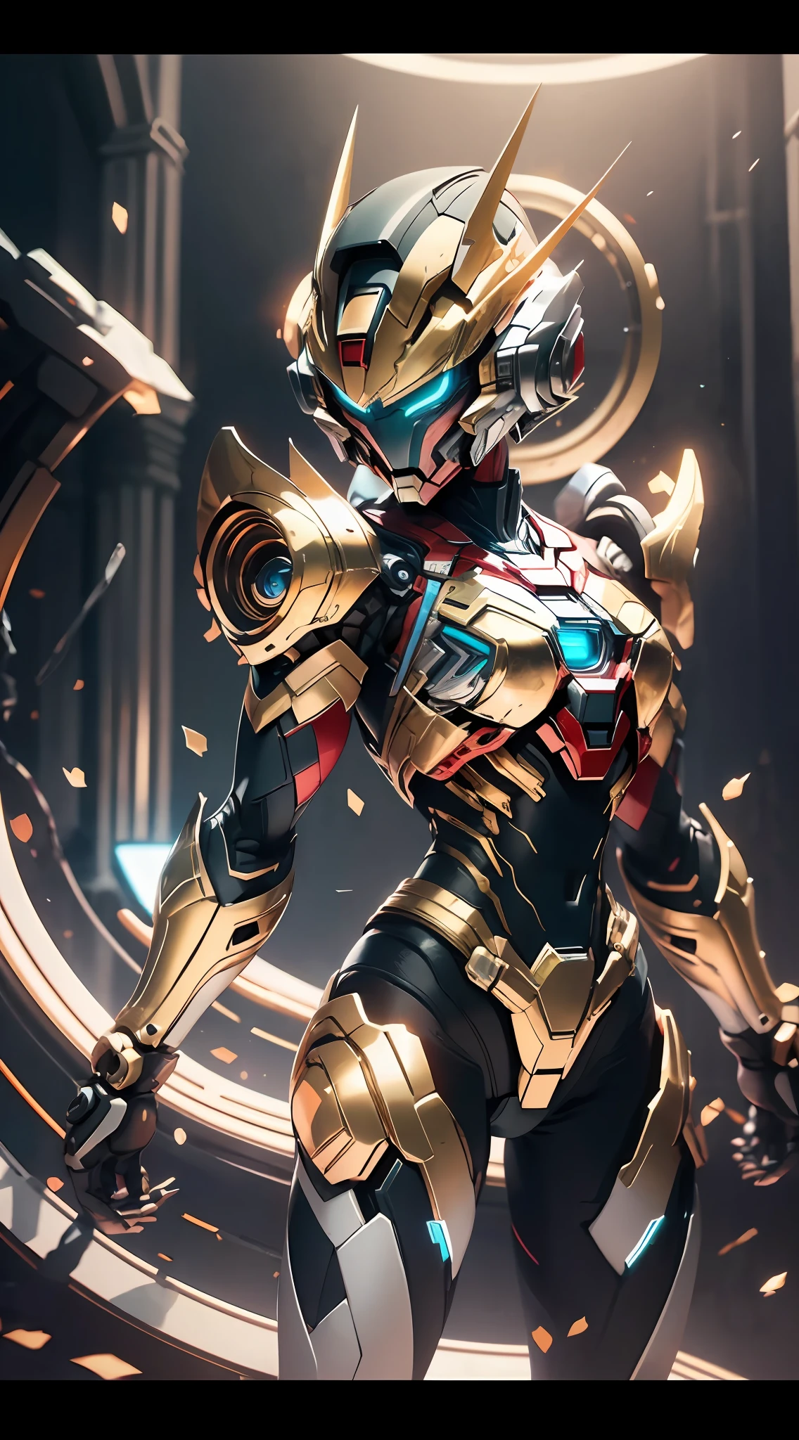 Golden Saint Seiya Limb Armor, Marvel Movie Iron Man Cuirass, (Gundam 00 Gundam Exia: 1.5), (Mecha) (Mechanical) (Armor), (Open Leg: 1.3), Perfect, (Wide Angle), (Black Background: 1.6), Best Quality, Masterpiece, Super Resolution, (Reality: 1.4), 1 girl, bare shoulders, glowing mask, fierce eyes, crazy details, (hip folds: 1.2), lower chest, side chest, unrealistic engine style, boca effect, David La Chapelle style lens, bioluminescent palette: light blue, light gold, light pink, bright white, wide angle, super fine, cinematic still life, vibrant, Sakimichan style, perfect eyes, highest image quality 8K, inspired by Harry Winston, Canon EOS R 6 shot masterpiece "Chaos 50,--, under the eyes mole, ray tracing, surrealism, textured skin