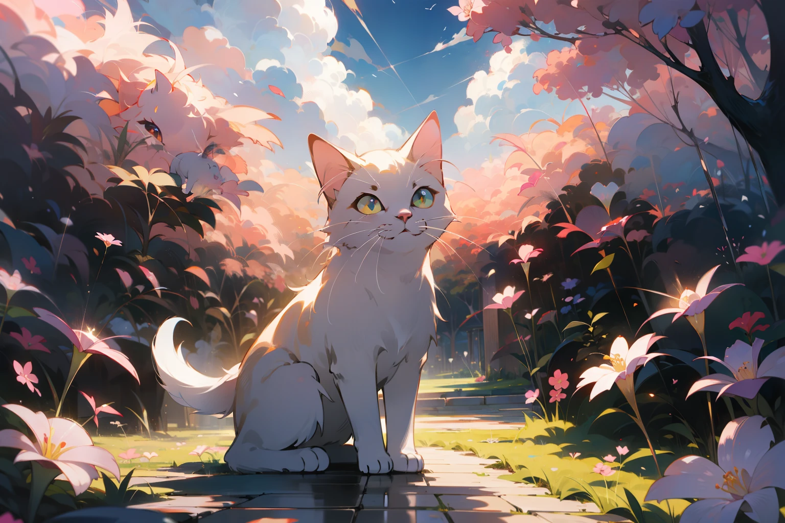 Cute white puppet cat, Hayao Miyazaki dream style, surrealist animal illustration, outdoor, sky, white clouds, bow, pink flower bush, meiji art, light color color painting, rich layers, realistic figurative painting, realistic hyper-detail portrait style, neo-traditional japan, soft edges, fantastic illustration, (very detailed CG unity 8k wallpaper), clean background, natural light, best quality, hyperdetail