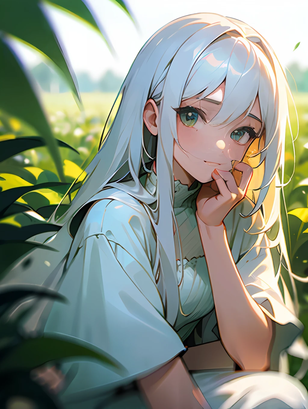 (masterpiece, best quality),1girl with long white hair sitting in a field of green plants and flowers, her hand under her chin, warm lighting, white dress, blurry foreground