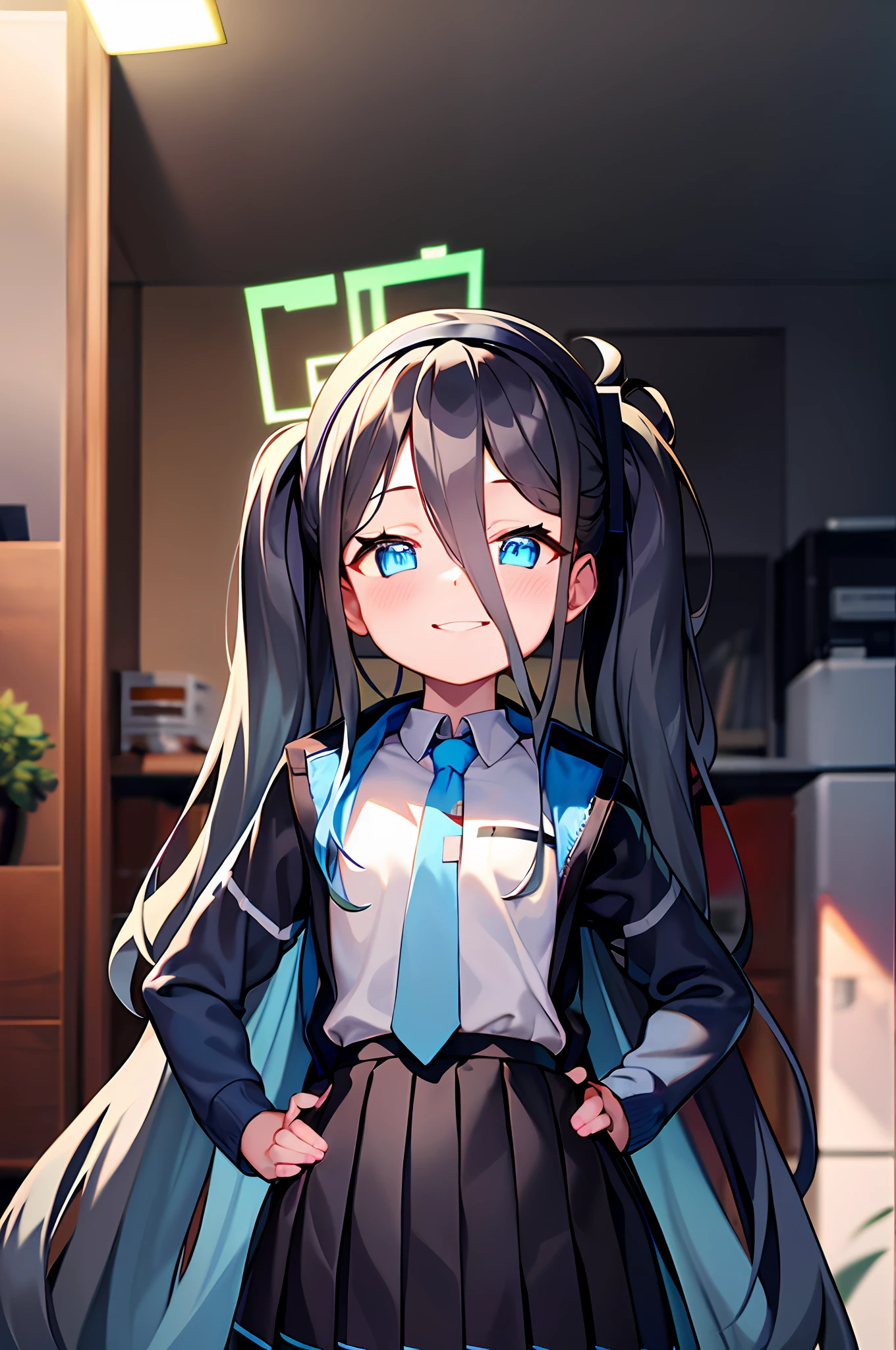 pureerosface_v1:0.66), best quality, ultra high definition, (photorealistic: 1.4), one girl, fine eyes, dark-eyed makeup, slim waist, blush, K-pop idol, (charm: 1.0), fine-eyed makeup, puffy eyes, solo, perfect ???????, (big), (slender), (black hair: 1), (watch viewers). (original_alice), (light blue tie), (marine blue eyes), (zhuo),(alice_halo:0.7),(blue halo),(smile),(happy),(pigtails),(long hair),(long bangs),(blue archive),(black hair band),(long coat),(school uniform),(white long-sleeved shirt),(pleated skirt),(navy blue skirt), Depth of field, facial details, skin luster, beautiful eyes, dark eye makeup, slim waist, blush, fine eye makeup, solo, perfect ???????.hands on ????.?????. (((gentle smile))).Night.room.