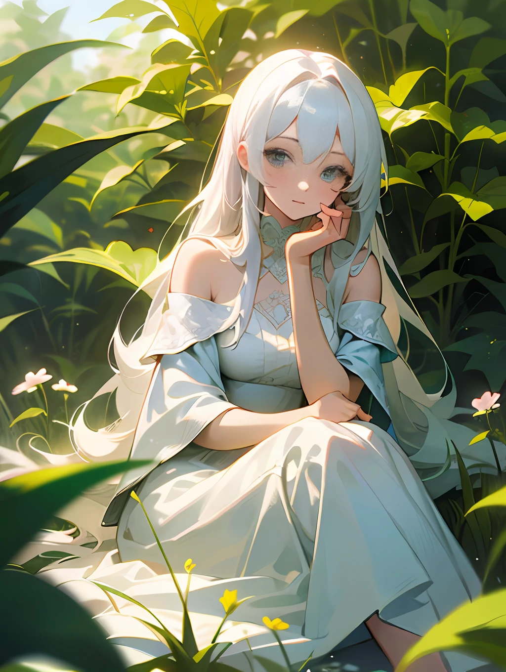 (masterpiece, best quality),1girl with long white hair sitting in a field of green plants and flowers, her hand under her chin, warm lighting, white dress, blurry foreground