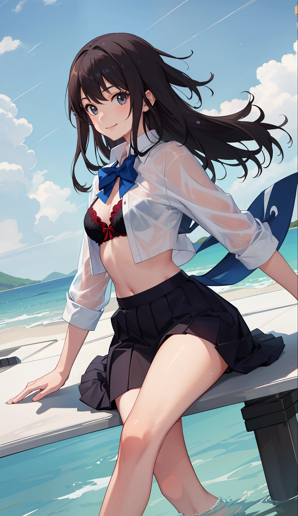 1 girl, smile, shirt, skirt, (small) chiralism, Japan high school school uniform, seravuk, summer clothes, squall-wet uniform, sheer bra, (portrait from knee up),