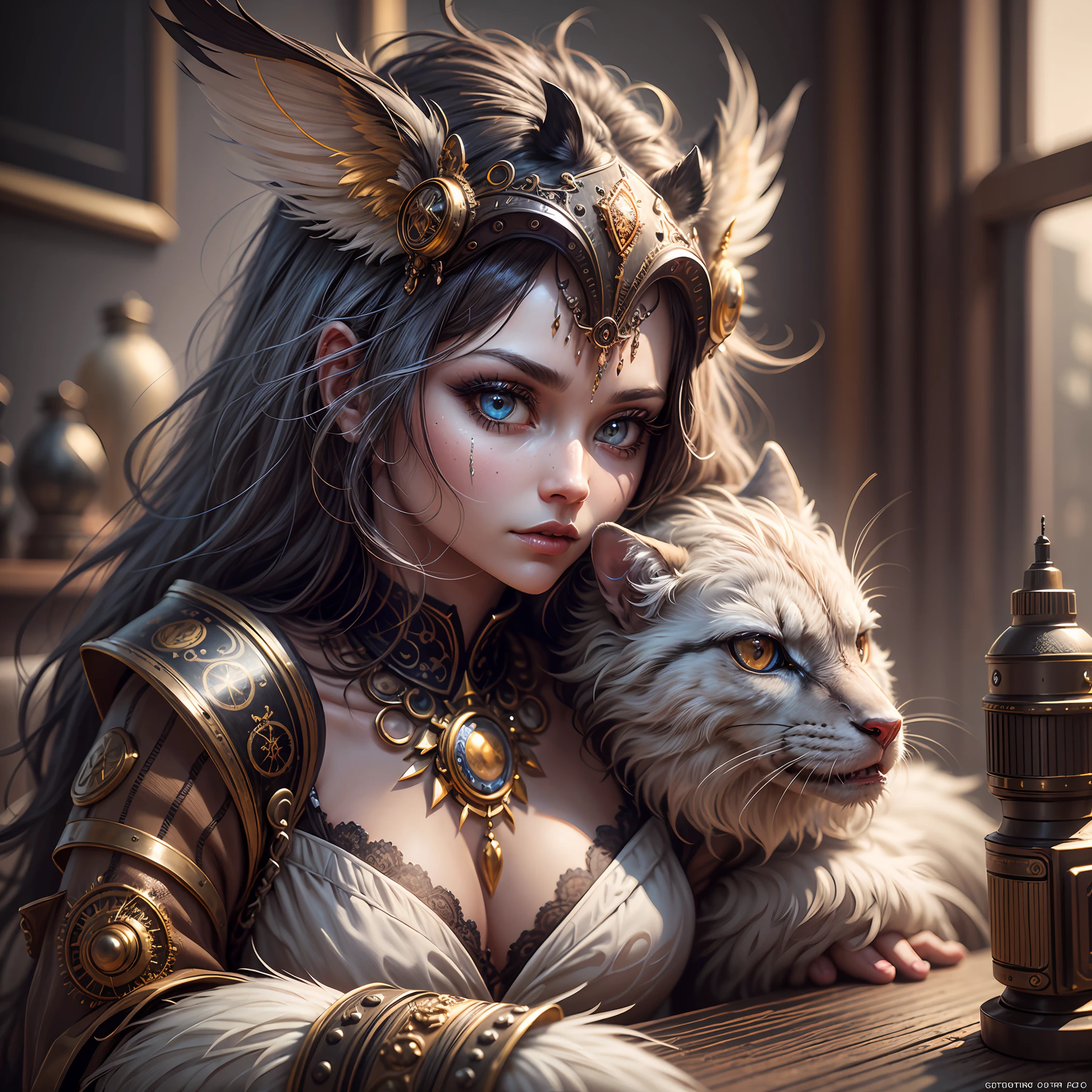 generate a celestial non-human animal in the style of steampunk and fantasy. the animal should be fluffy and have feathers and silk and satin. emphasize small details of fantasy and steampunk. camera: utilize interesting and dynamic composition. enhance visual interest. lighting: use ambient lighting that enhances the ambiance of fantasy. include bold colors and deep shadows. hires, detailed eyes, hires detailed eyes, hires small details, ornate, intricate details, 8k, shimmer, unity, official cgi unreal engine, high resolution, (((masterpiece))), high quality, highres, detail enhancement
