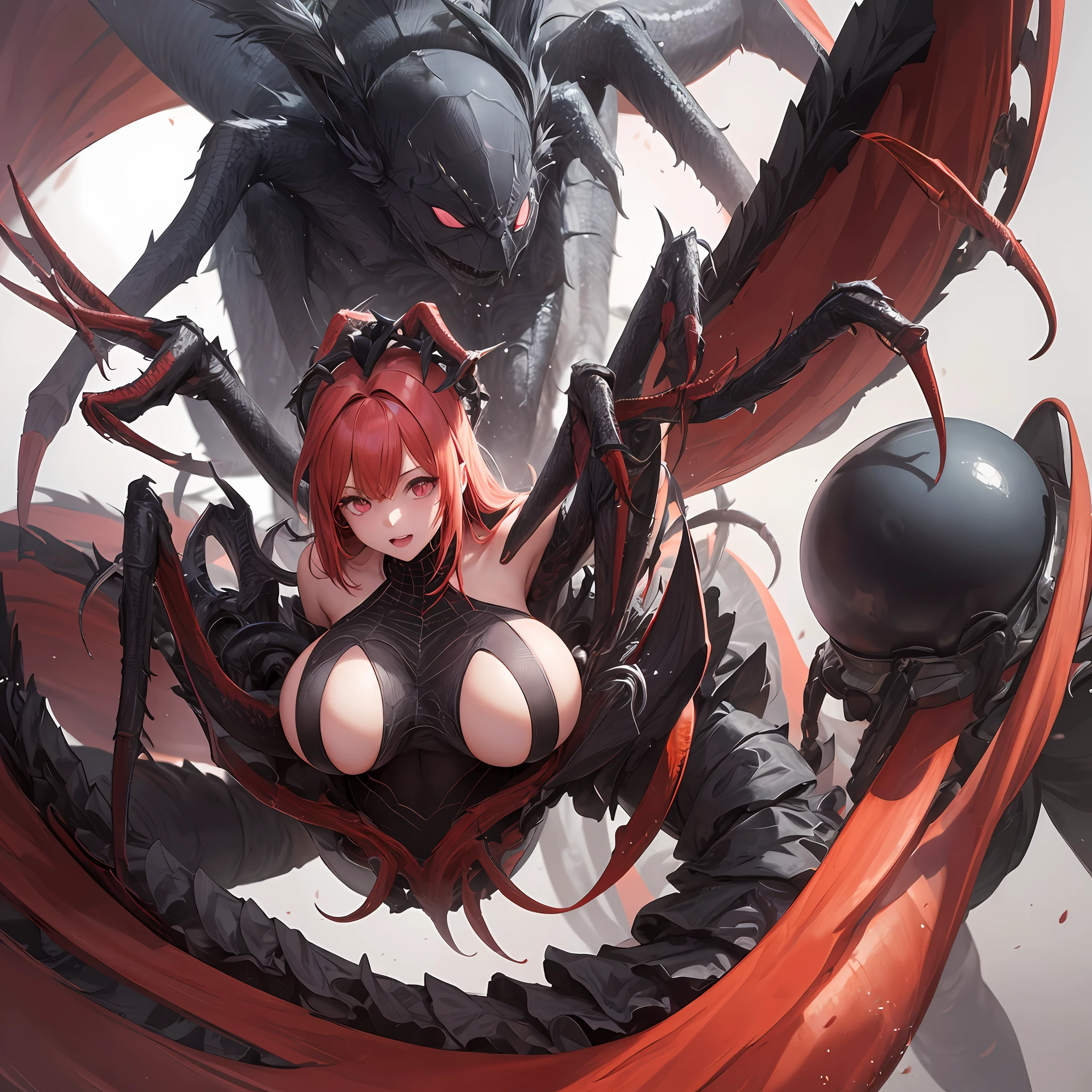 Anime - style rendering of woman growing on giant spider, spider, anime monster girl, spider, april rendering, spider legs big, spider, spider legs, spider man, spider avatar, half-human, half-spider, goddess of darkness with six arms, 6 claws, claws, 2 b, 2b, yokai, spider phobia, half anime girl, upper body human girl, monster girl, big spider, spider --auto