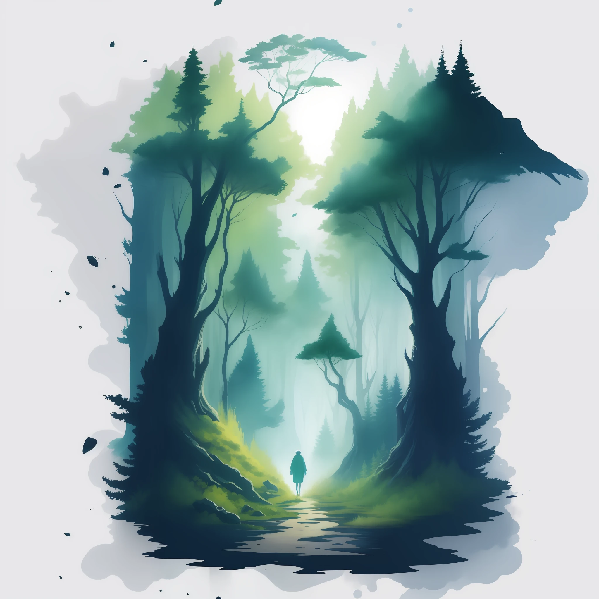T-shirt design, genshin impact graphic, vector, watercolor, dreamy and ethereal painting of a forest landscape, perfect for a nature-inspired t-shirt design.