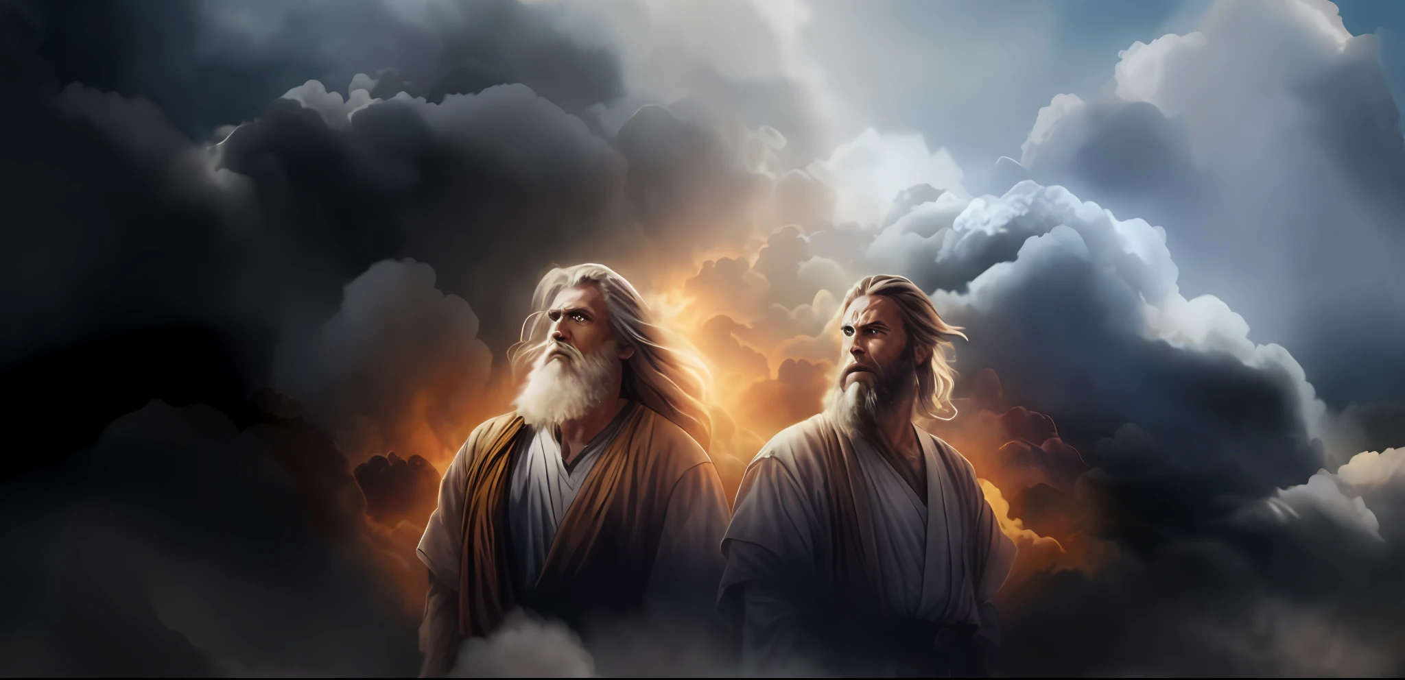 two men with long beards standing in front of a cloud filled sky, biblical epic movie, epic clouds and godlike lighting, epic biblical depiction, concept art of god, 2 angels, godrays digital painting, moses, petros and leonid, movie promotional image, epic scene of zeus, heaven and hell, heaven vs hell --auto --s2