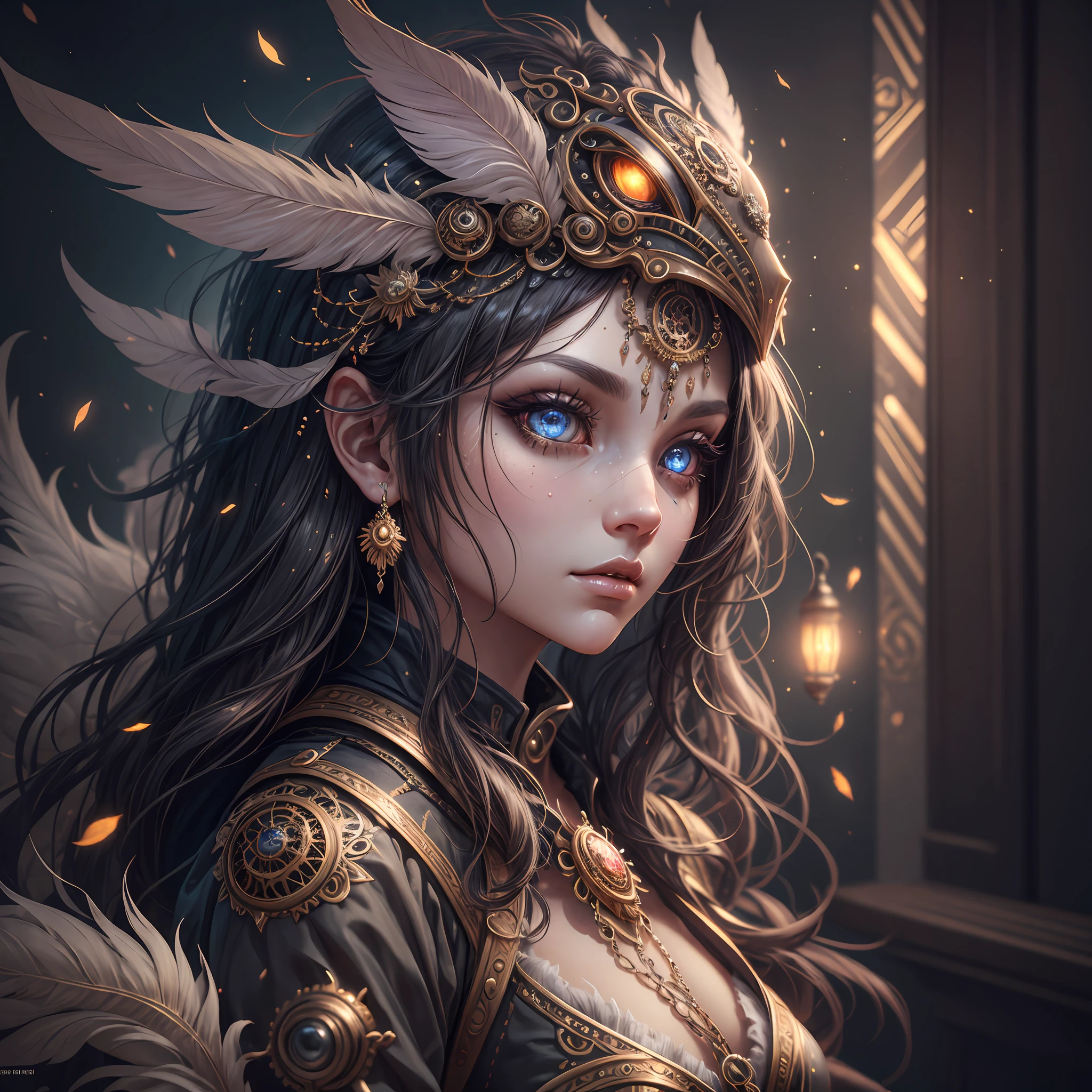 generate a celestial non-human animal in the style of steampunk and fantasy. the animal should be fluffy and have feathers and silk and satin. emphasize small details of fantasy and steampunk. camera: utilize interesting and dynamic composition. enhance visual interest. lighting: use ambient lighting that enhances the ambiance of fantasy. include bold colors and deep shadows. hires, detailed eyes, hires detailed eyes, hires small details, ornate, intricate details, 8k, shimmer, unity, official cgi unreal engine, high resolution, (((masterpiece))), high quality, highres, detail enhancement