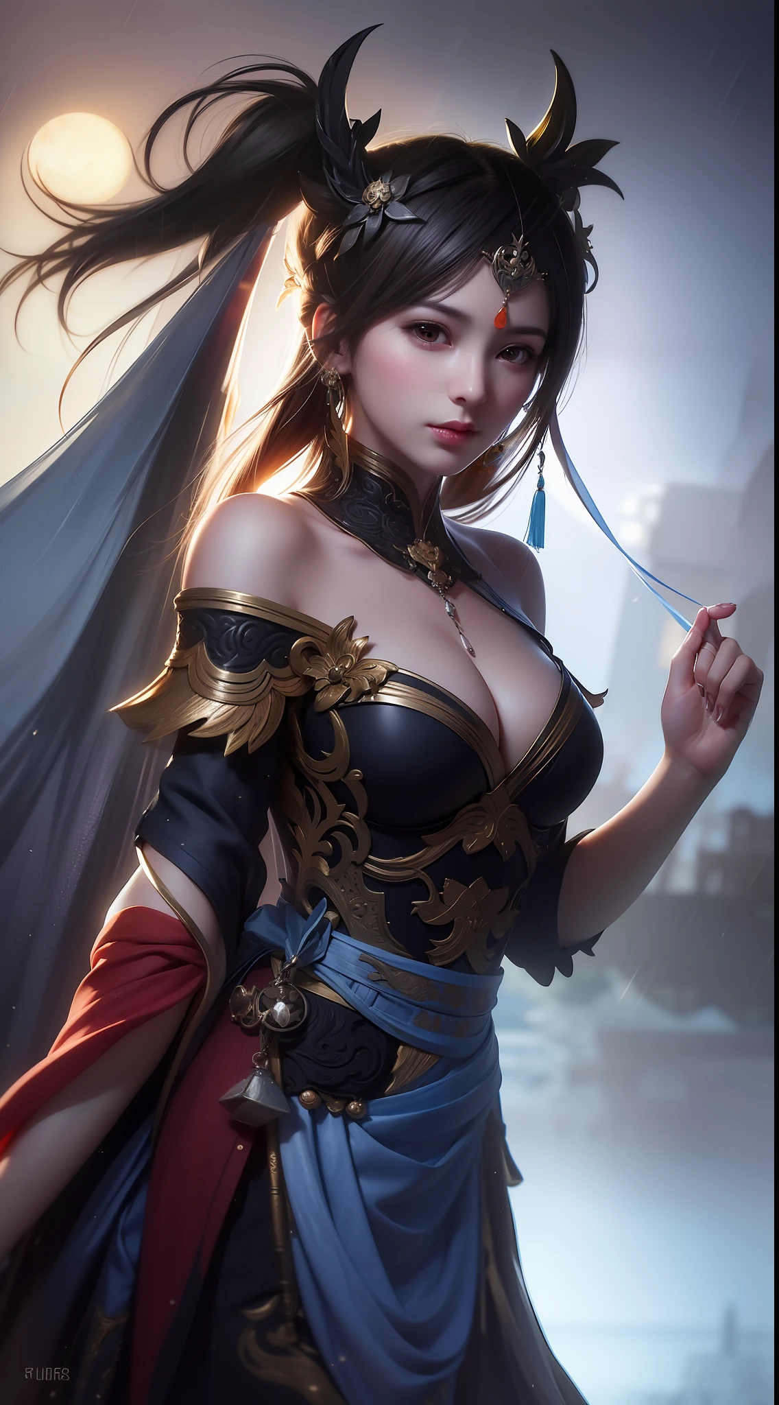 (8k, RAW Photo: 1.2), Best Quality, Ultra High Resolution, Dramatic Angles, (Fluttering Detailed Color Splash), (Illustration), (((1 Girl))), (Long Hair), (Rain: 0.9), (Headgear: 1.4), There is an Ancient Palace Next to the Maiden, Hanfu, (Accent), Color Ink Painting, (Splash Color), Splash Color, (((colorful))), (Sketch: 0.8), Masterpiece, Best Quality, Beautiful Painting, Very Detailed, (Denoising: 0.6), [ Splash ink], ((ink refraction)), (beautiful detailed sky), moon, height, detailed, (masterpiece, best quality, very detailed) CG unified 8k wallpaper, masterpiece, best quality, super detailed), (lycoris)