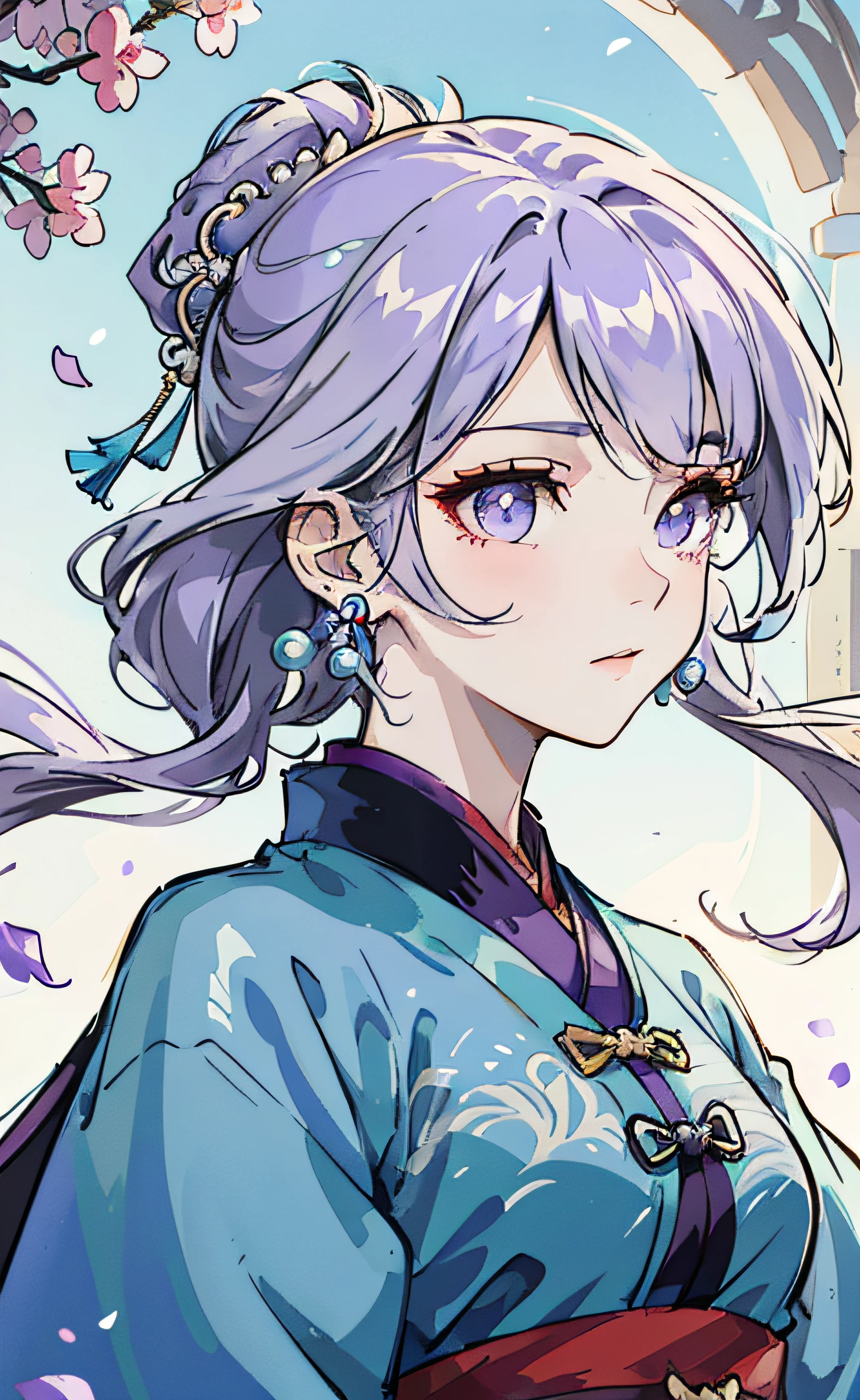 Mature girl, purple eyes, blue-white hair color, floating hair, delicate and flexible eyes, intricate damask hanfu, gorgeous accessories, wearing pearl earrings, fov, f/1.8, masterpiece, ancient Chinese architecture, blue sky, flower petals flying, front portrait shot, Chang'e, side lighting, sunlight on people, 8K