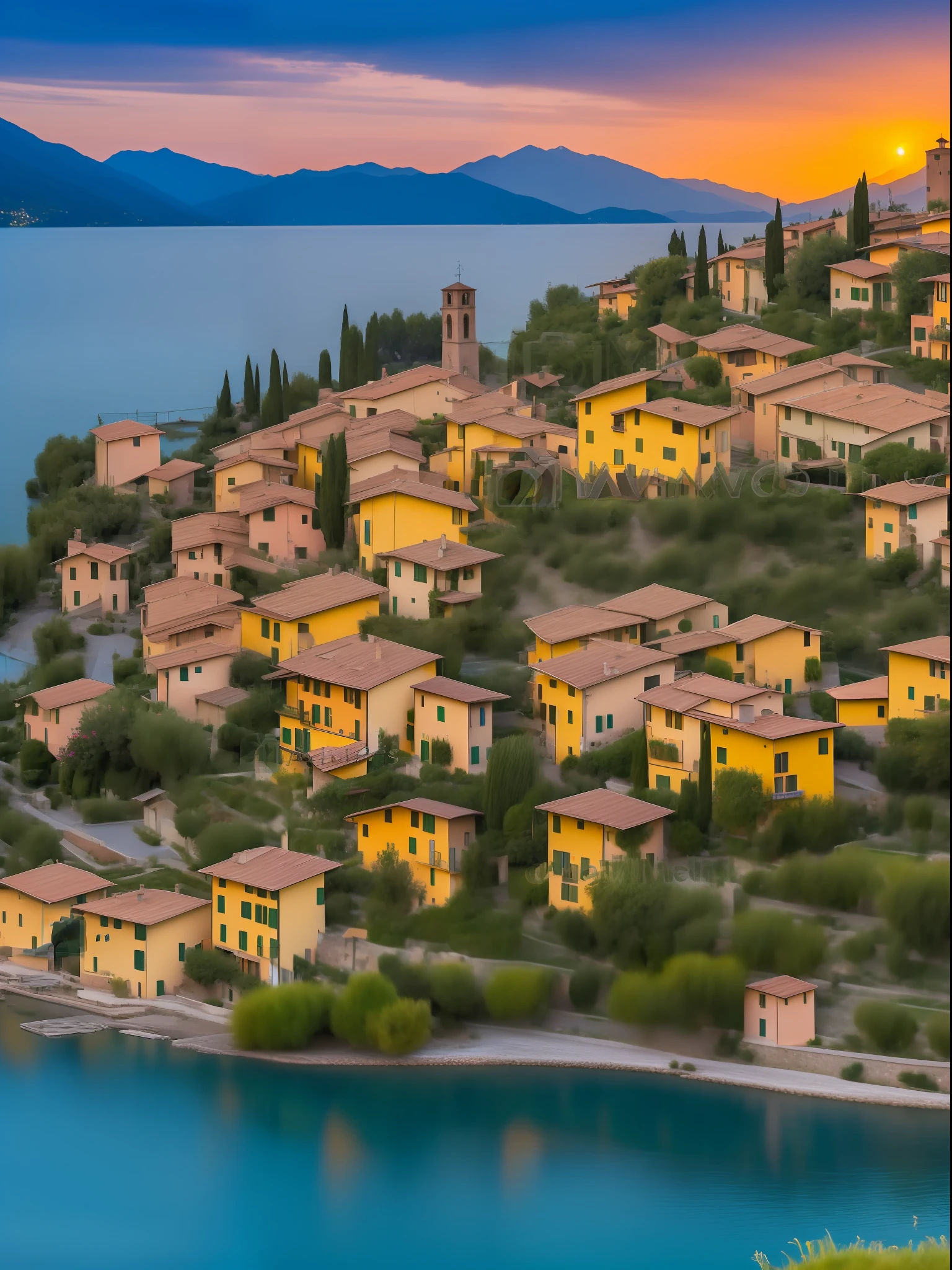 A beautiful and charming Italian village by the shore of lake Cuomo, Italy, sunset, lights on