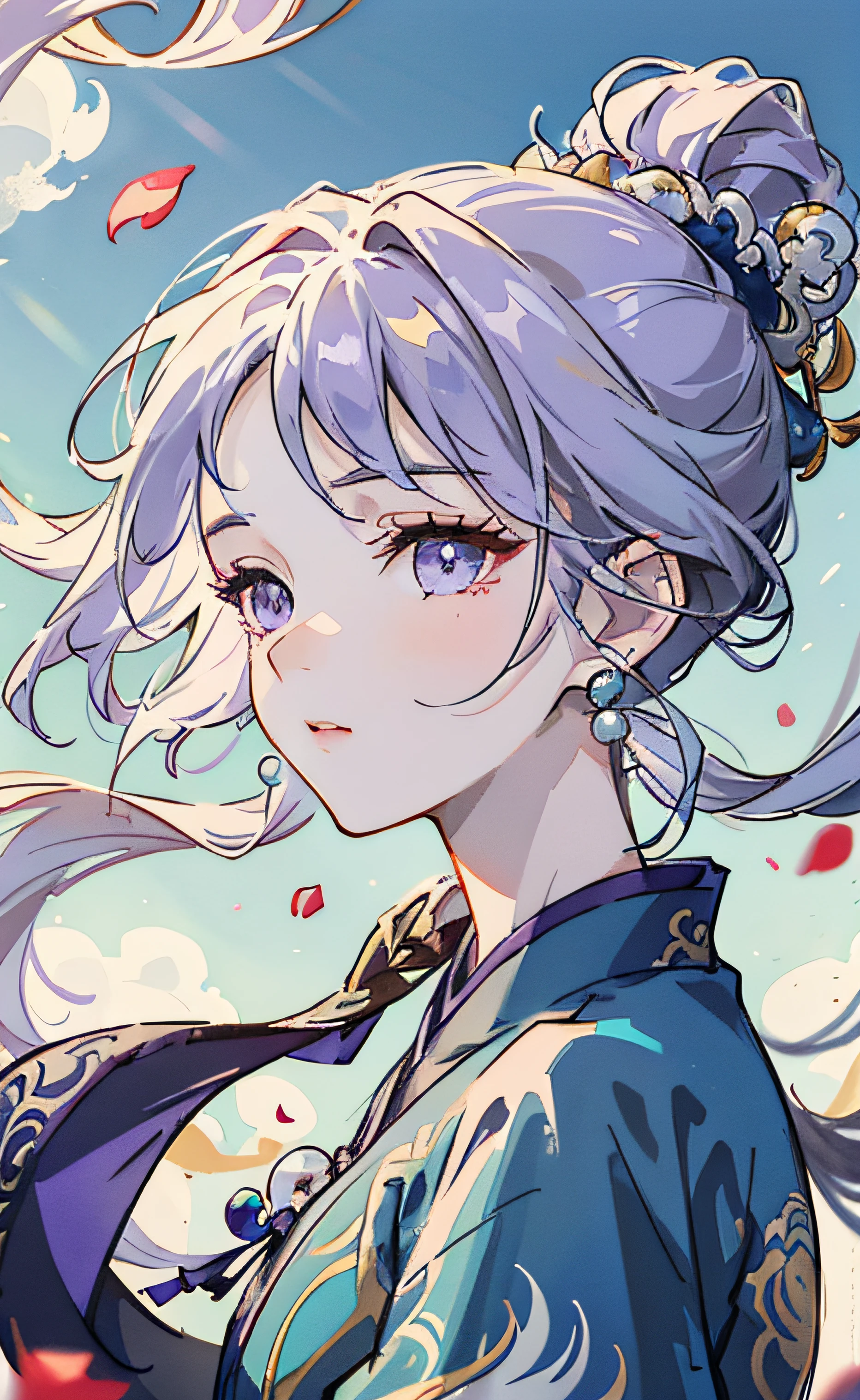 Mature girl, purple eyes, blue-white hair color, floating hair, delicate and flexible eyes, intricate damask hanfu, gorgeous accessories, wearing pearl earrings, fov, f/1.8, masterpiece, ancient Chinese architecture, blue sky, flower petals flying, front portrait shot, Chang'e, side lighting, sunlight on people, 8K