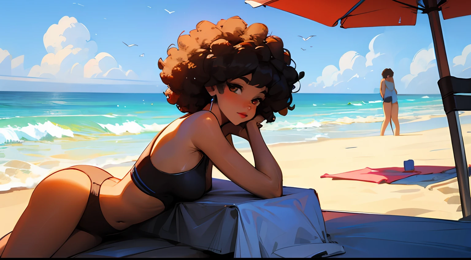 light-skinned girl with dark afro hair relaxing on the beach with headphones" --auto