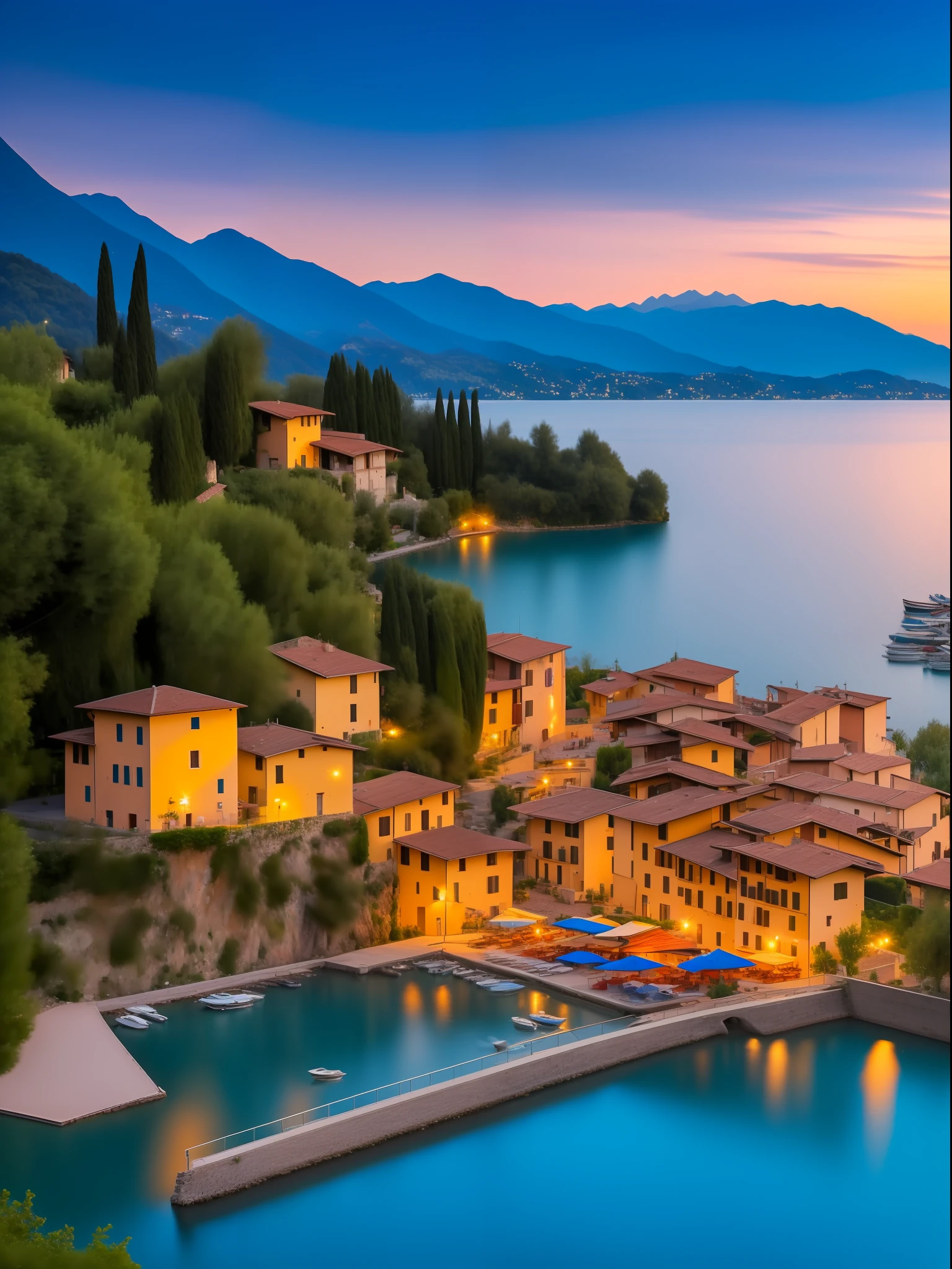 A beautiful and charming Italian village by the shore of lake Cuomo, Italy, sunset, lights on
