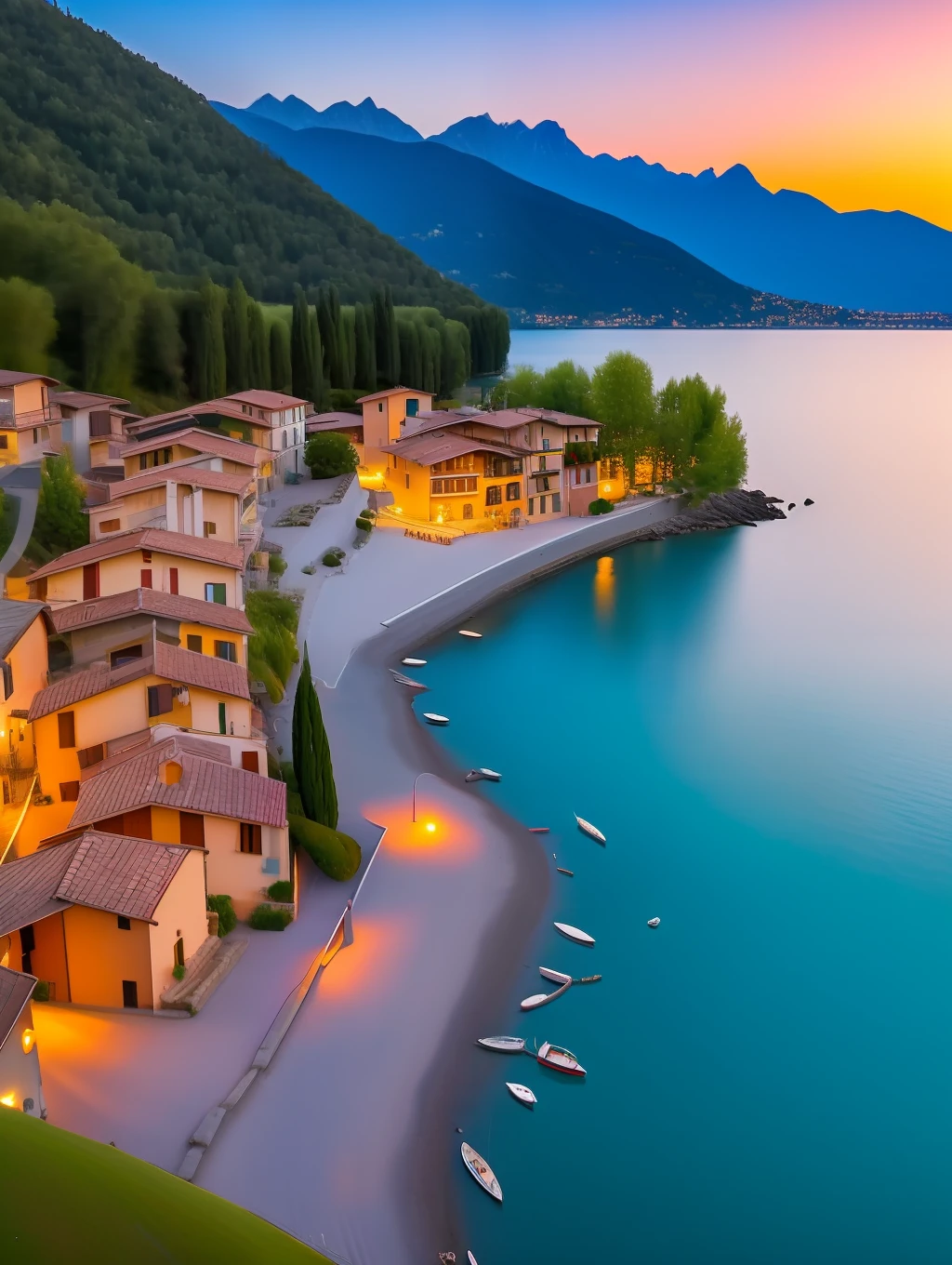 A beautiful and charming Italian village by the shore of lake Cuomo, Italy, sunset, lights on