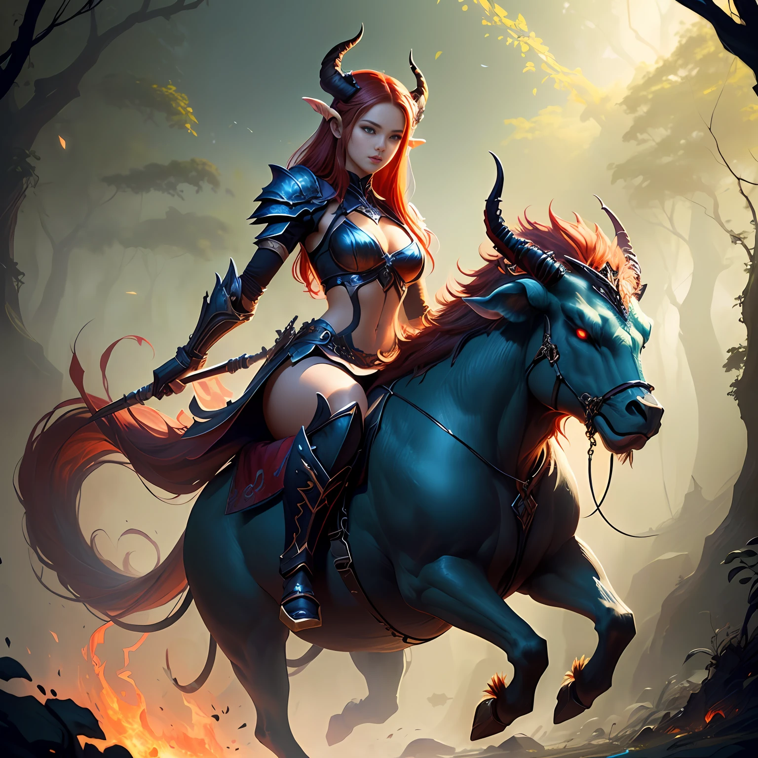 "There is a Red Hair Woman No Horns in the Jungle Riding Araphis, ((Woman Rides Arafis with a Glowing Head and Horns)), Demon Soul Concept Art, Minotaur of the Exiled Path, Fire Demon, Polycount Contest Winner, Demon Armor, Fire Summoning Armor, Eternal Choice Acharn, Diablo Concept Art, Nightmare Rendering, CGSOCIETY, Fantasy Art Behans, Pan Chengwei on ArtStation, Fantasy Art Style, [CGSOCIETY Trend]!, Deviantart artstation cgscosiety