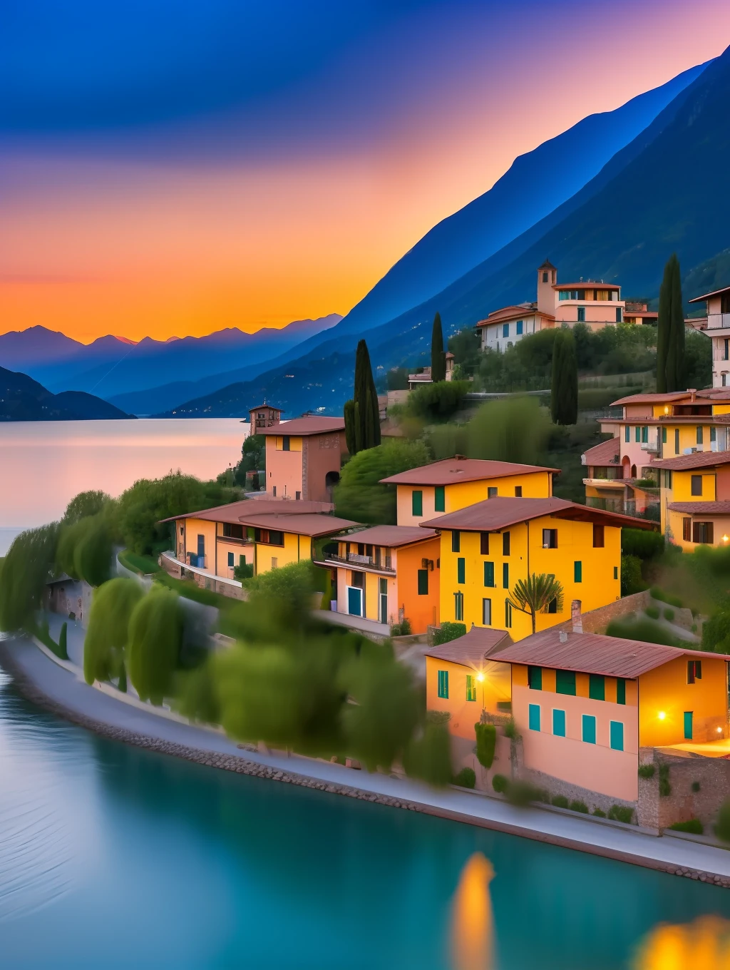 A beautiful and charming Italian village by the shore of lake Cuomo, Italy, sunset, lights on