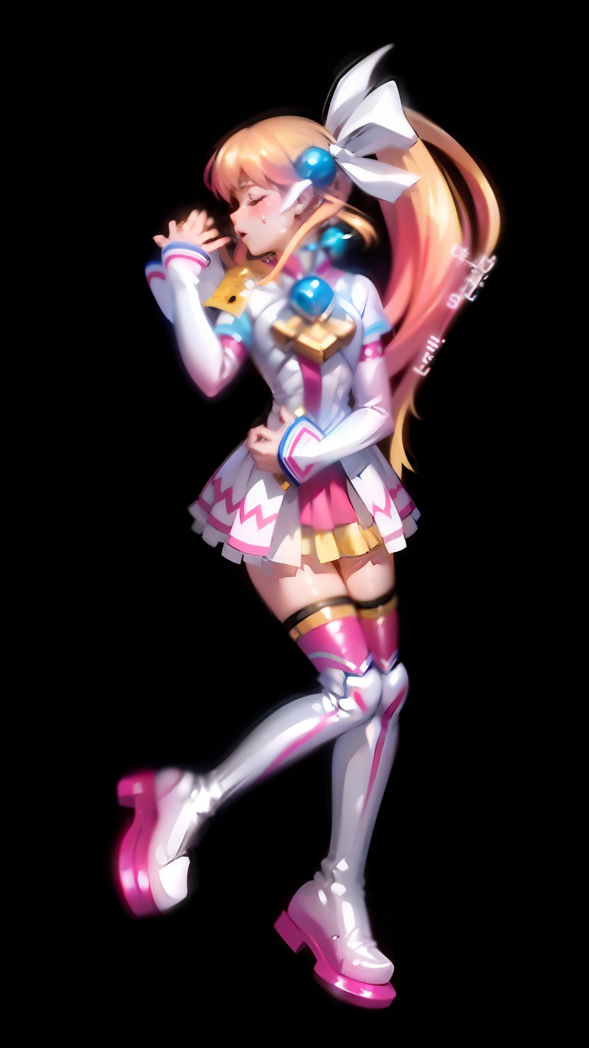 Pink hair, pink miniskirt, ponytail, closed eyes, tears, shut up, pain, movie lighting, tachi-e, first-person perspective, pov, uhd, masterpiece, ccurate, anatomically correct, slender legs, textured skin, super detail, high detail, high quality, best quality, high resolution, 16k