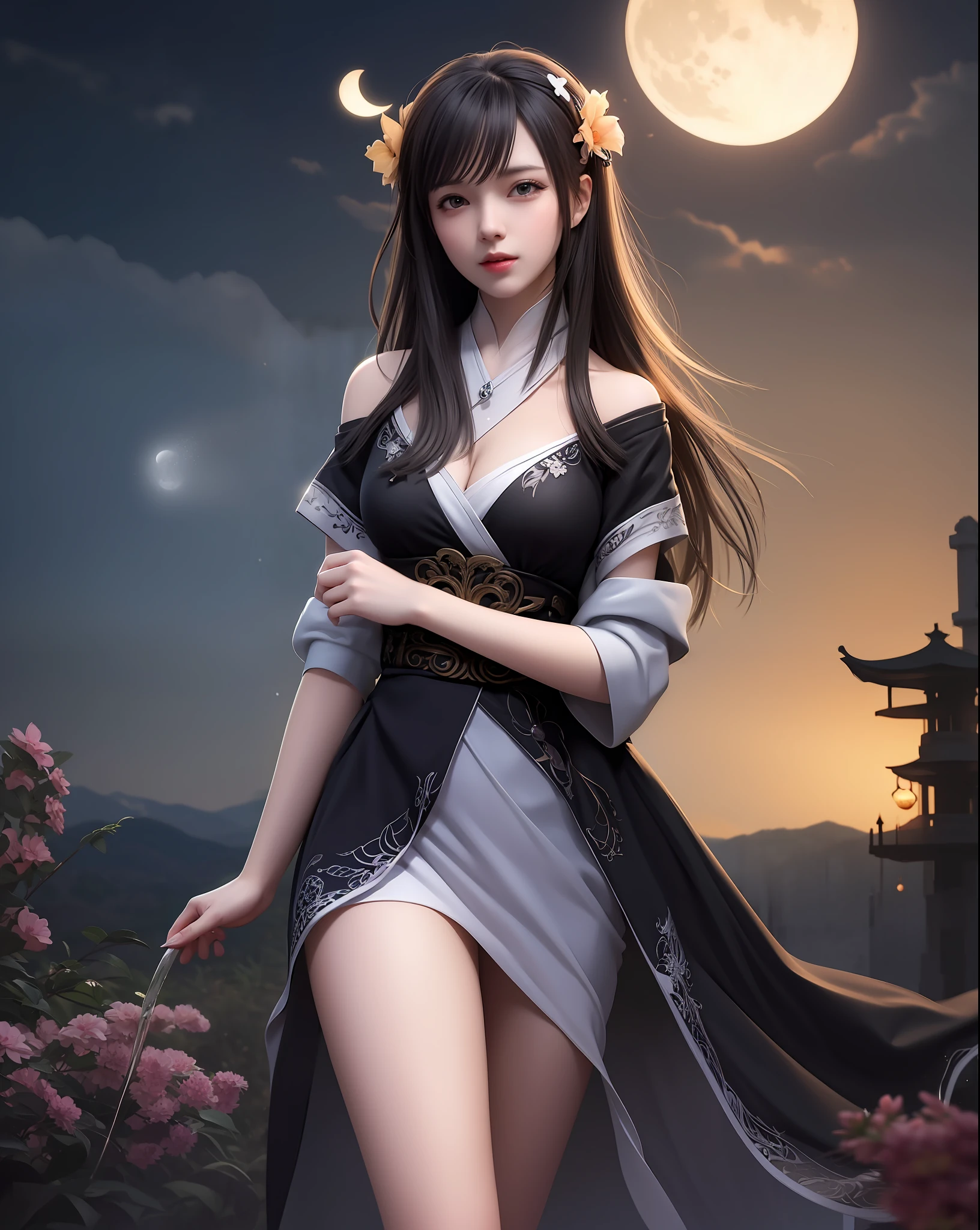 (8k, RAW photo:1.2), best quality, ultra high res,dramatic angle,(fluttered detailed color splashs), (illustration),(((1 girl))),(long hair),(rain:0.9), (头饰:1.4),少女身边有一座古宫,汉服,(重点),彩色水墨画,(泼彩),泼彩,(((colorful))),(素描:0.8) , Masterpiece, best quality, beautiful painted, highly detailed,(denoising:0.6),[splash ink],((ink refraction)), (beautiful detailed sky),moon,highly,detaild,(masterpiece, best quality, extremely detailed） CG unity 8k壁纸，杰作，最好的质量，超详细），（石蒜），