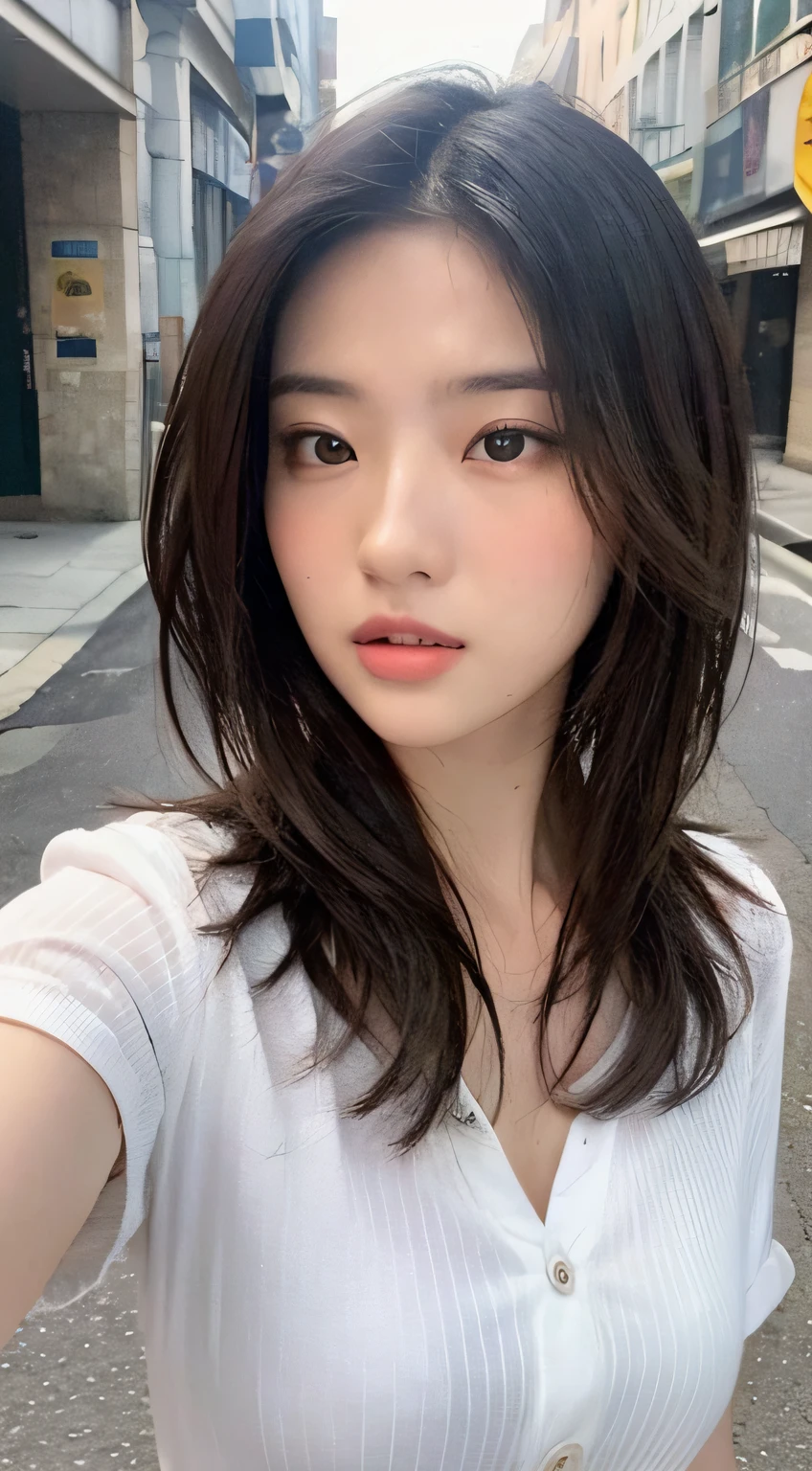 ((Best Quality, 8K, Masterpiece: 1.3)), Sharp: 1.2, Perfect Body Beauty: 1.4, Slim Abs: 1.2, ((Layered Hairstyle, :1.2)), (White Button Short Sleeve Shirt: 1.1), (Street: 1.2), Wet: 1.5, Highly detailed face and skin texture, Fine eyes, double eyelids, looking at the camera