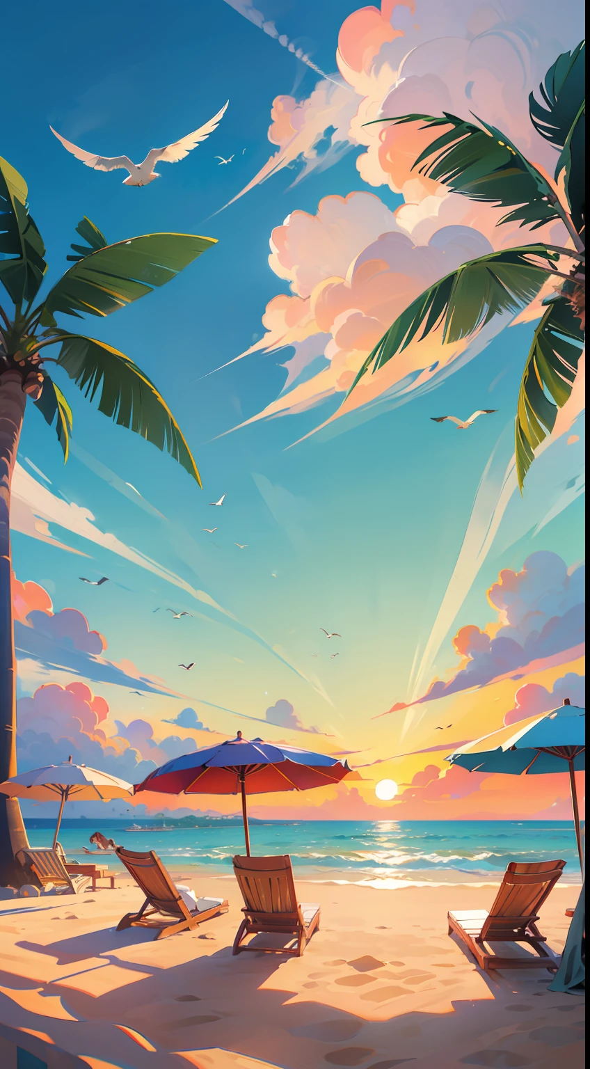 Wide shot landscape, breathtaking sunset, serene beach, sparkling water, white sandy shores, palm trees swaying, seagulls flying, colorful parasols, relaxed atmosphere, vacation vibes.