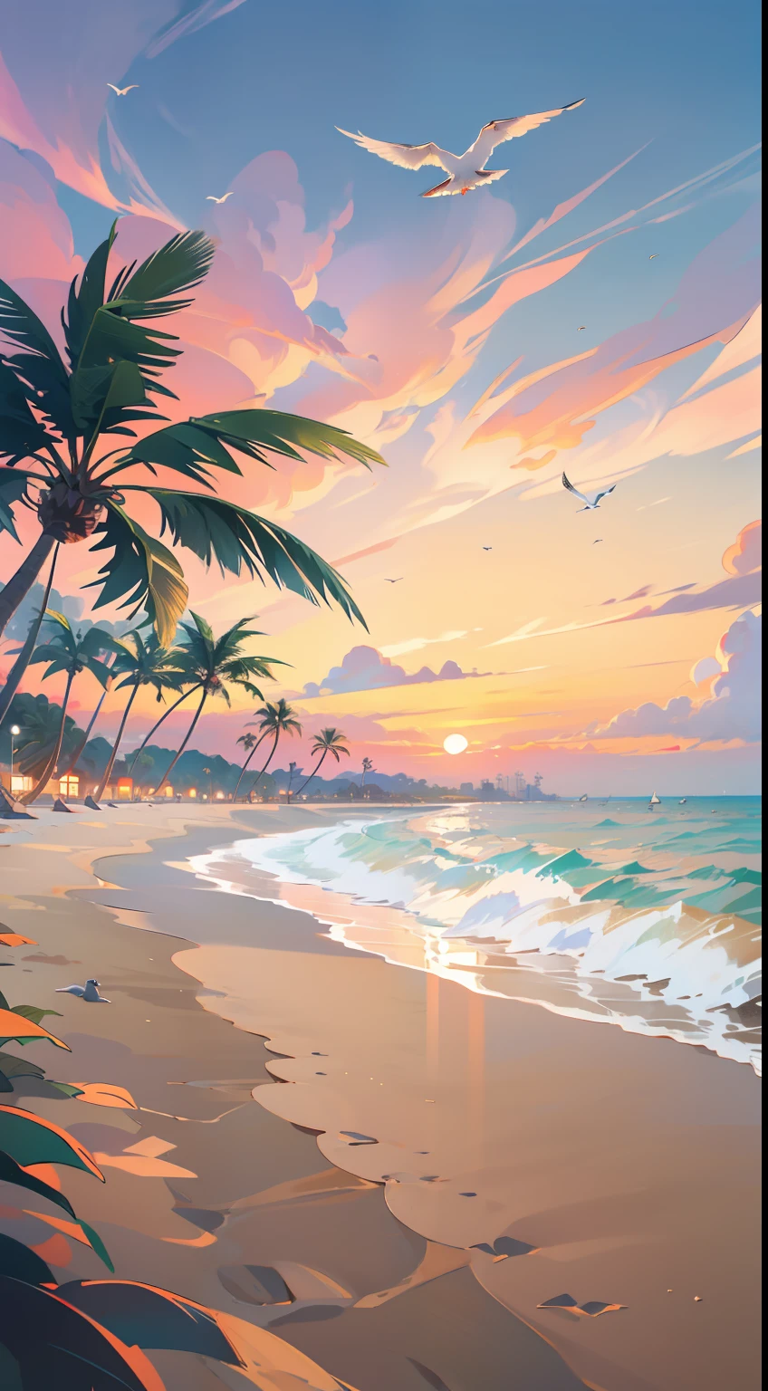 Wide shot landscape, breathtaking sunset, serene beach, sparkling water, white sandy shores, palm trees swaying, seagulls flying, colorful parasols, relaxed atmosphere, vacation vibes.