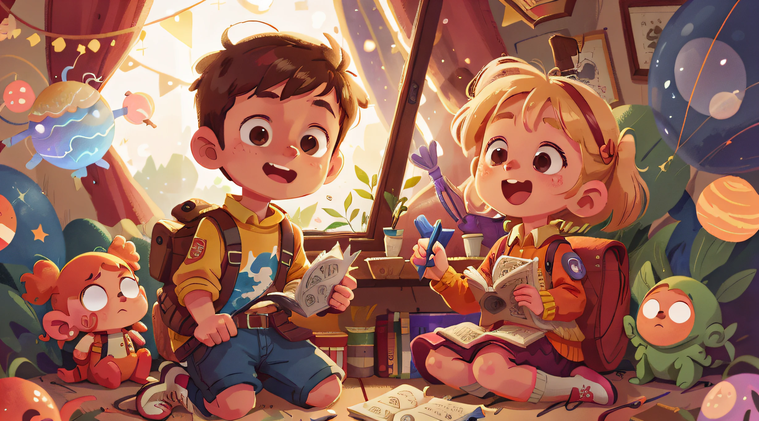 an older boy and a young girl, bright colored lights, spaceship, rocket, window, planets, stars, universe, happy, happy, perfect quality, clear focus, (masterpiece: 1.2) (Realistic: 1.2) (Bokeh) (Best quality) (Detailed Skin: 1.3) (Intricate Details) (8k) (Detail Eyes) (Sharp Focus), (Happy) Blonde girl, full body, clean background, long vision composition, 85MM SHOT