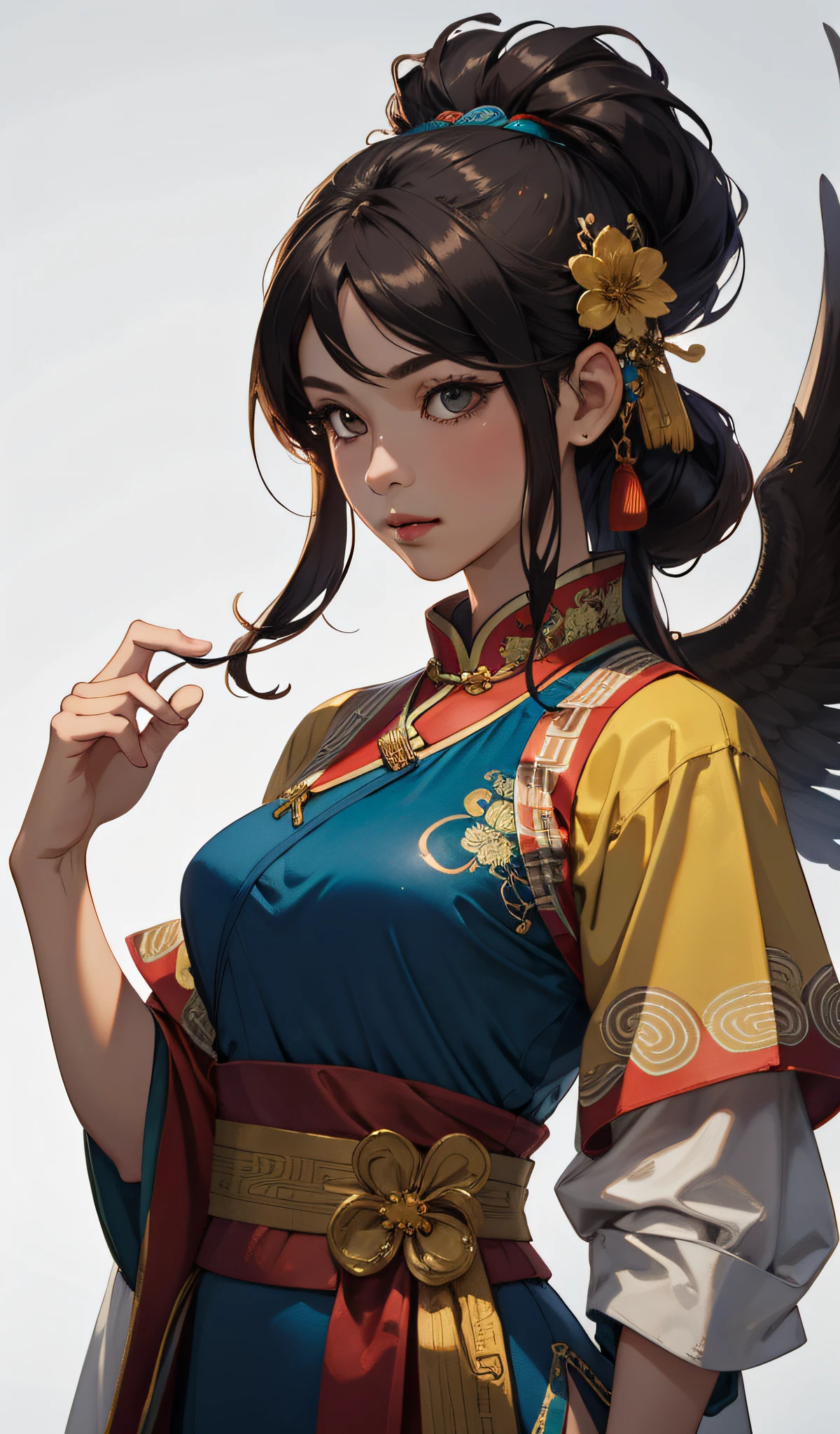 A girl, ancient Chinese costume, whole body, sunshine, clear face, clean white background, masterpiece, super detail, epic composition, ultra HD, high quality, extremely detailed, official art, uniform 8k wallpaper, super detail, 32k