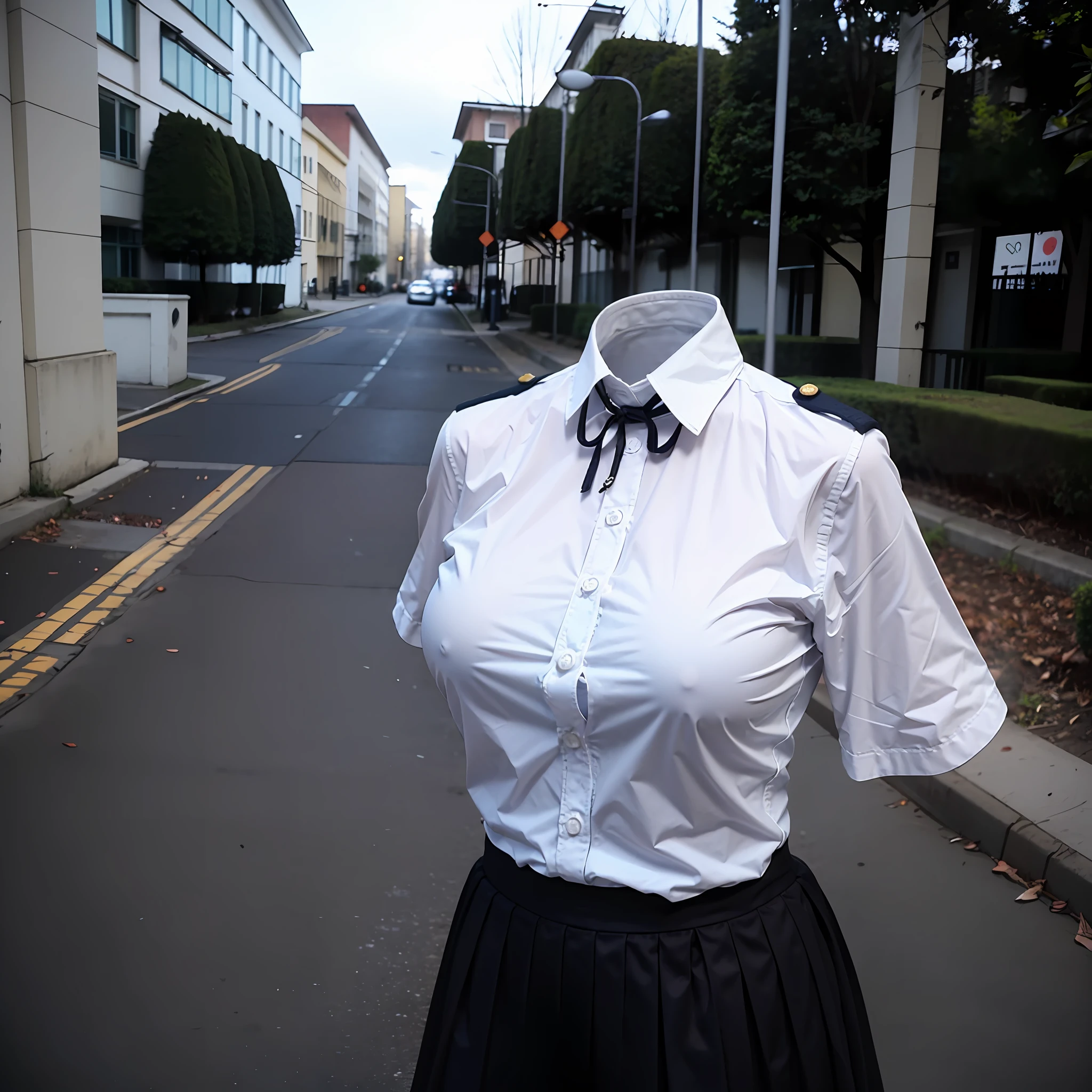 (insanely detailed), (16k), ((no humans)), ((invisible)), ((faceless)), ((headless)), ((empty clothes)), (huge breasts), girls' school uniforms swells as if possessed by busty invisible girls, girls' school uniforms raise their sleeve as if worn by invisible girls, huge breasts, (short sleeve), jk ribbon on the neck, (from back)