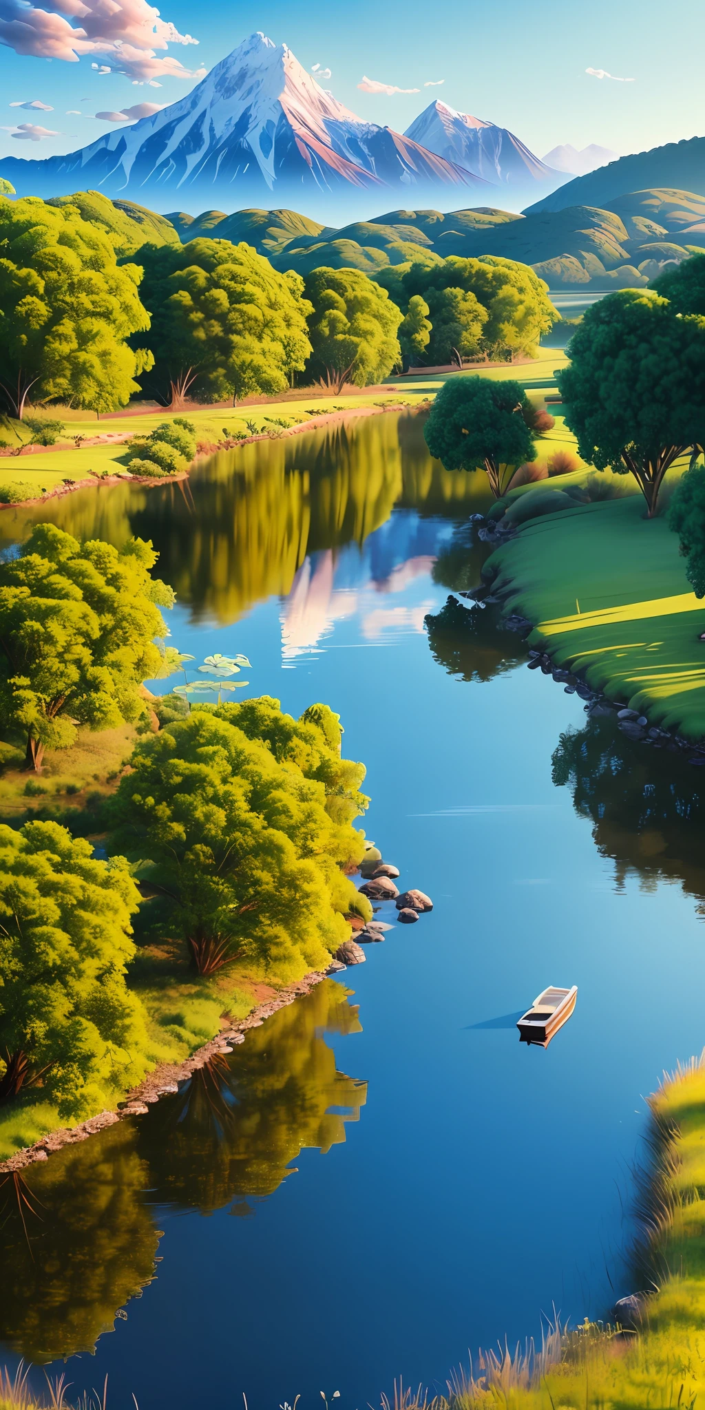landscape,sunny blue  sky , some dramaticcloud , background  only  one mountain some bushes, a lake infront of it growing  lotus flowers , beside the grass & trees ,(extremely detailed CG unity 8k wallpaper), most beautiful artwork in the world,professional majestic oil painting,intricate, High Detail, Sharp focus, dramatic, photorealistic painting art --auto