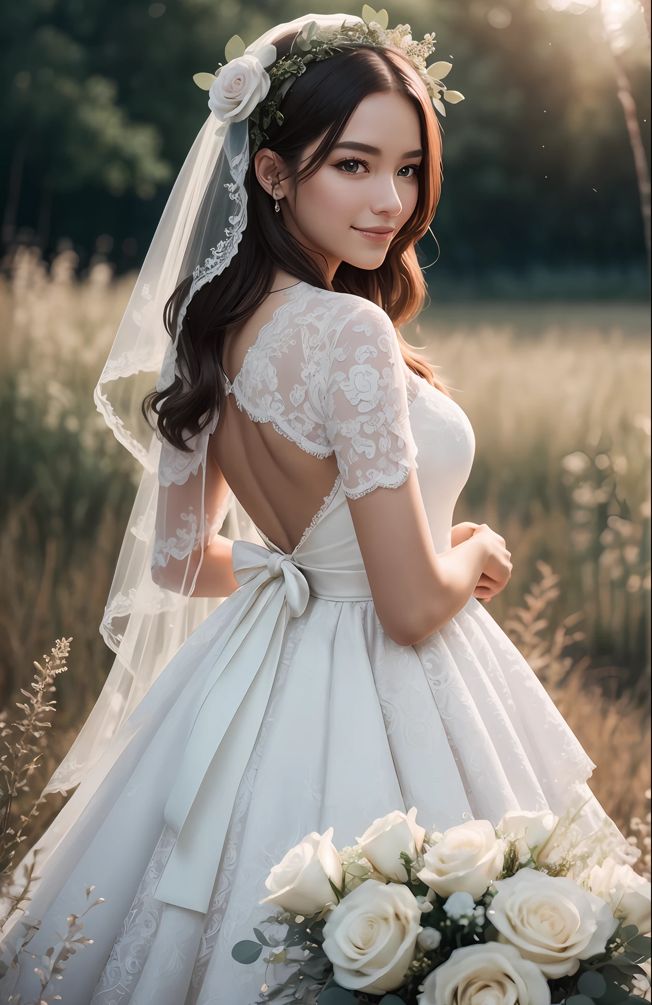 Masterpiece, highest quality, solo focus, complex
(High detail: 1.1) (Perfect face: 1.1) white wedding dress, pretty Japan woman, smile, lace, veil, fantasy, white flowers on head, meadow,
Viking origin, glowing eyes, full body, back figure, turn around, Lee Jeff
Leeds Nikon D850 Film Stock Photo 4 |
Kodak Portra 400 Camera F1.6 Lens
Rich colors Ultra realistic
Realistic textures Dramatic lighting
Unreal Engine
Trending at Art Station CineStill
800 --auto
