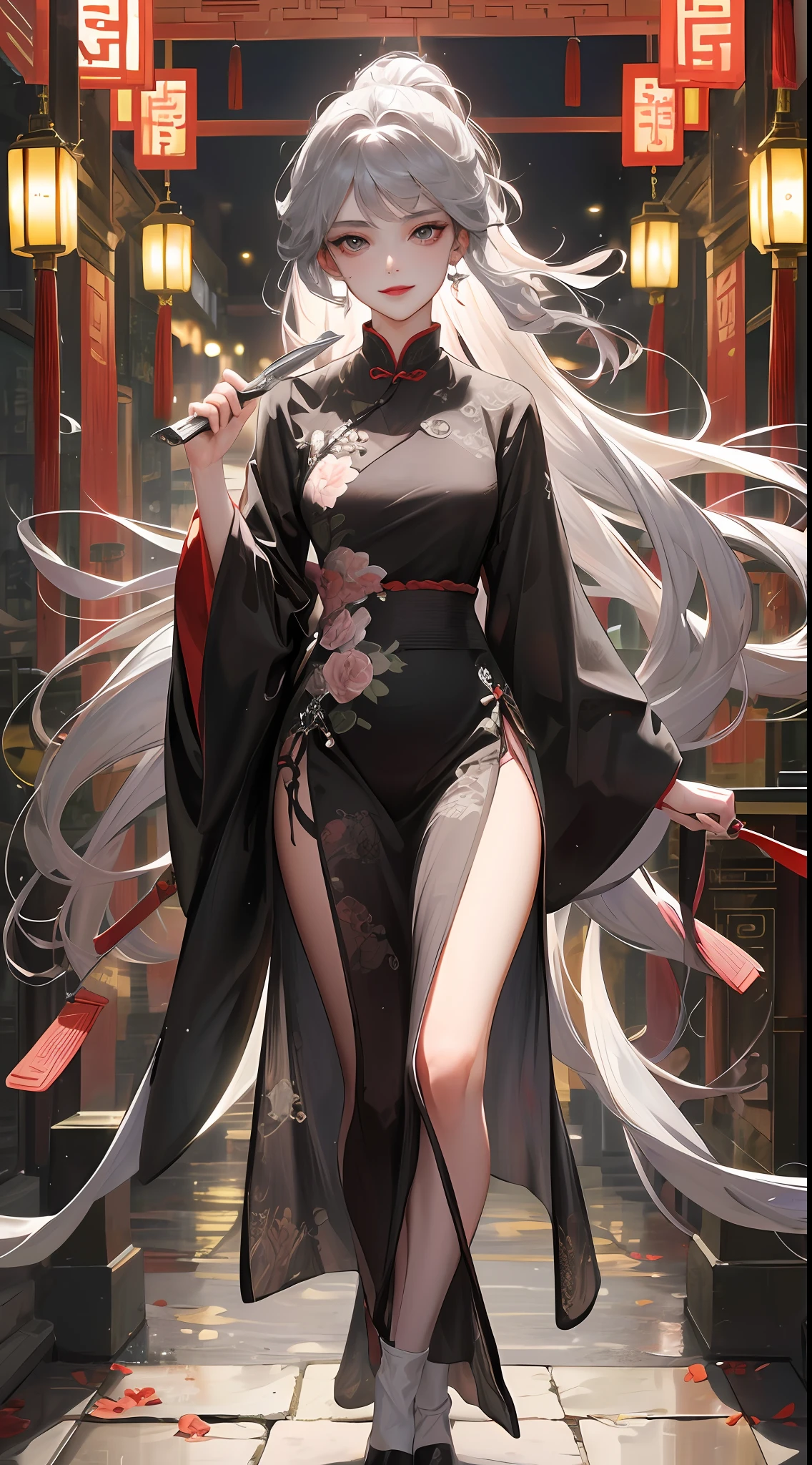 Masterpiece, Superb Beauty, Night, Full Moon, 1 Woman, Mature Woman, Chinese Style, Ancient China, Sister, Royal Sister, Evil Smile, Silver-White Long-Haired Woman, Light Pink Lips, Intellectual, Three Bands, Gray Eyes, Assassin, Short Knife, Flower Ball Background, Walking Street View