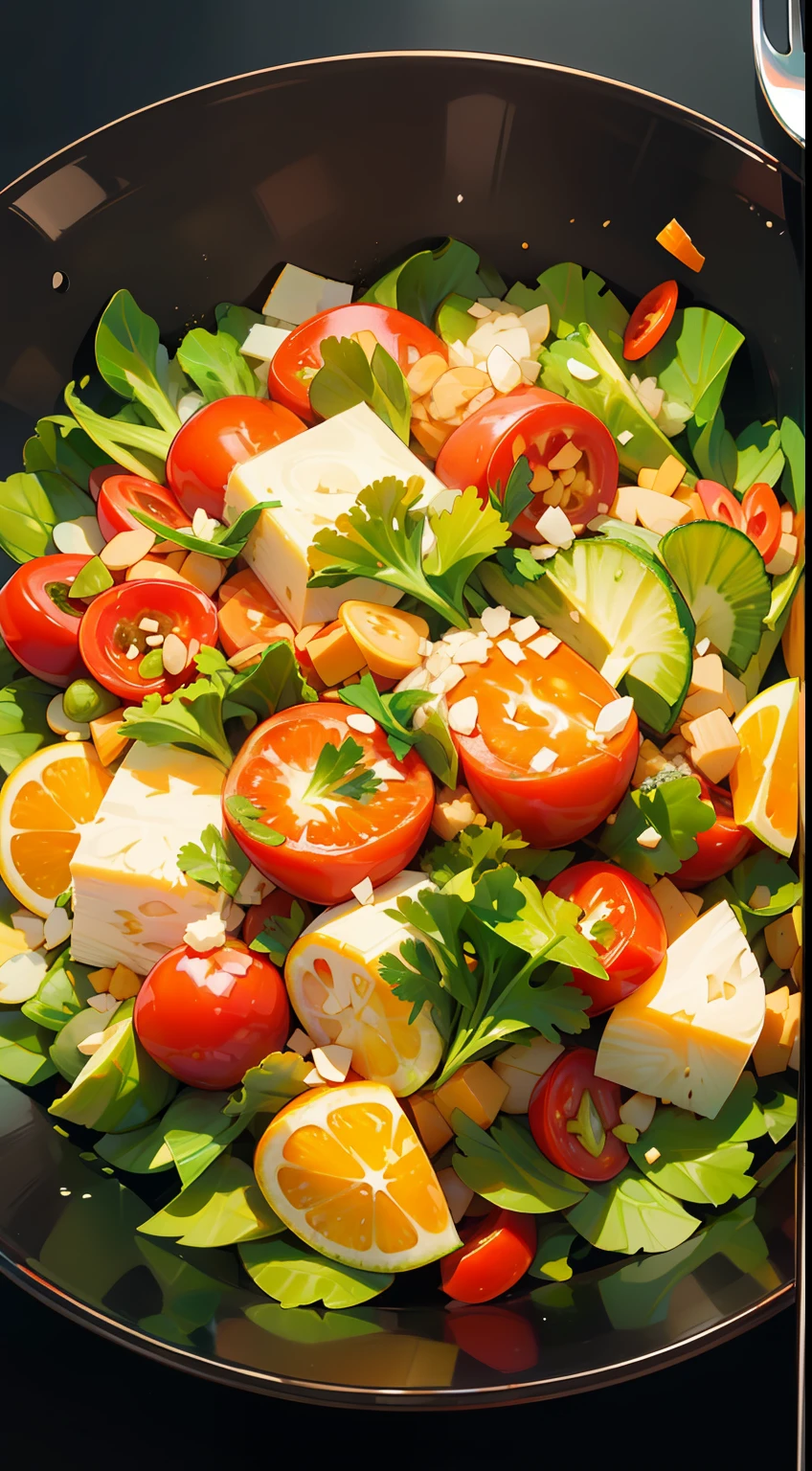 Healthy salad, fresh vegetables, colorful ingredients, appetizing presentation, balanced flavors, tangy dressing, crunchy texture, refreshing taste, high nutritional value.