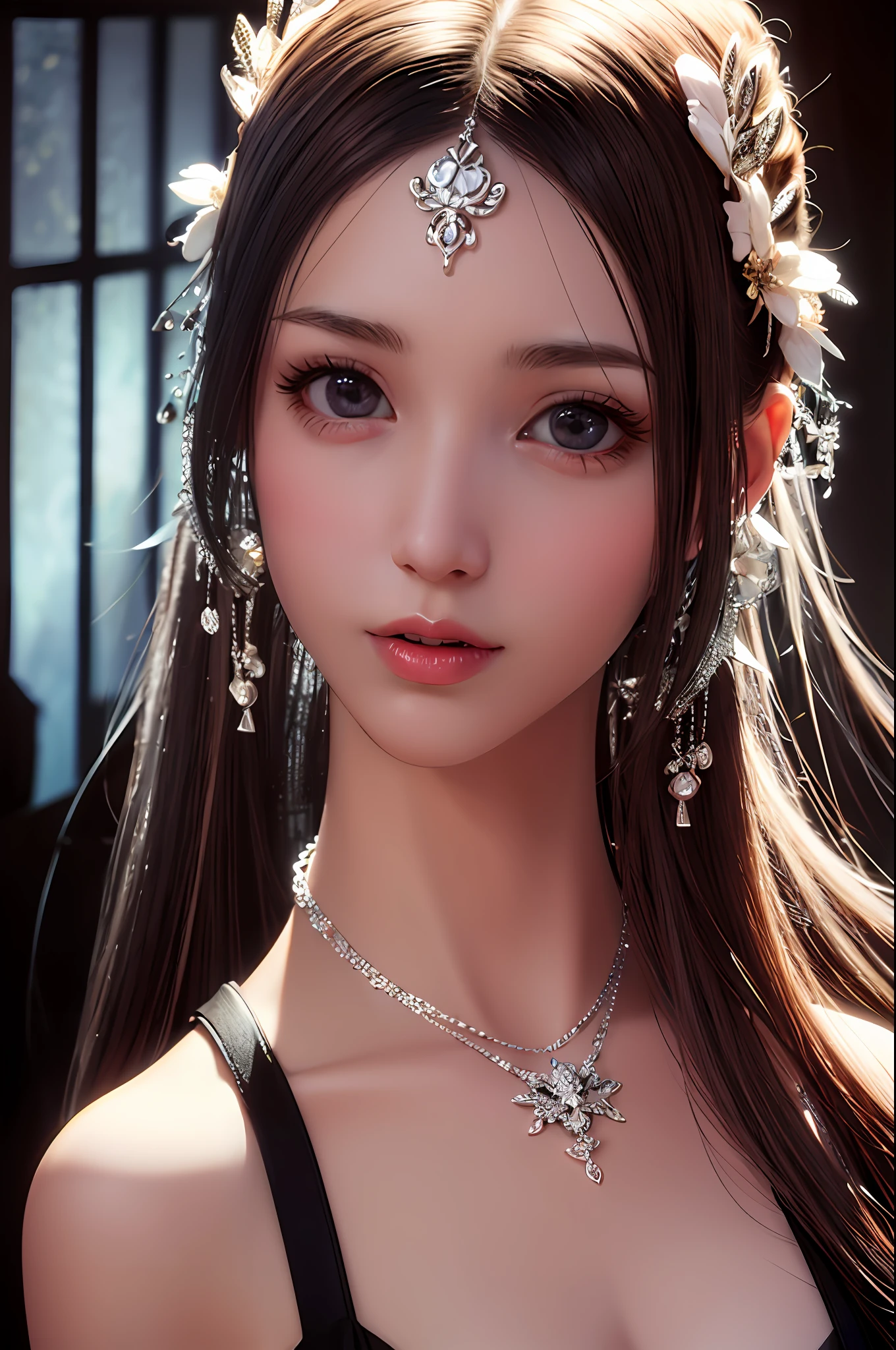 Best Quality, Masterpiece, High Resolution, 1girl, Porcelain Dress, Hair Accessories, Necklace, Jewelry, Beautiful Face, Physically, Tyndall Effect, Realistic, Dark Studio, Rim Lighting, Duotone Lighting, (High Detail Skin : 1.2), 8k uhd, DSLR, soft light, high quality, volume light, sneak shot, photo, high resolution, 4k, 8k, bokeh, .Jinstyle, architecture