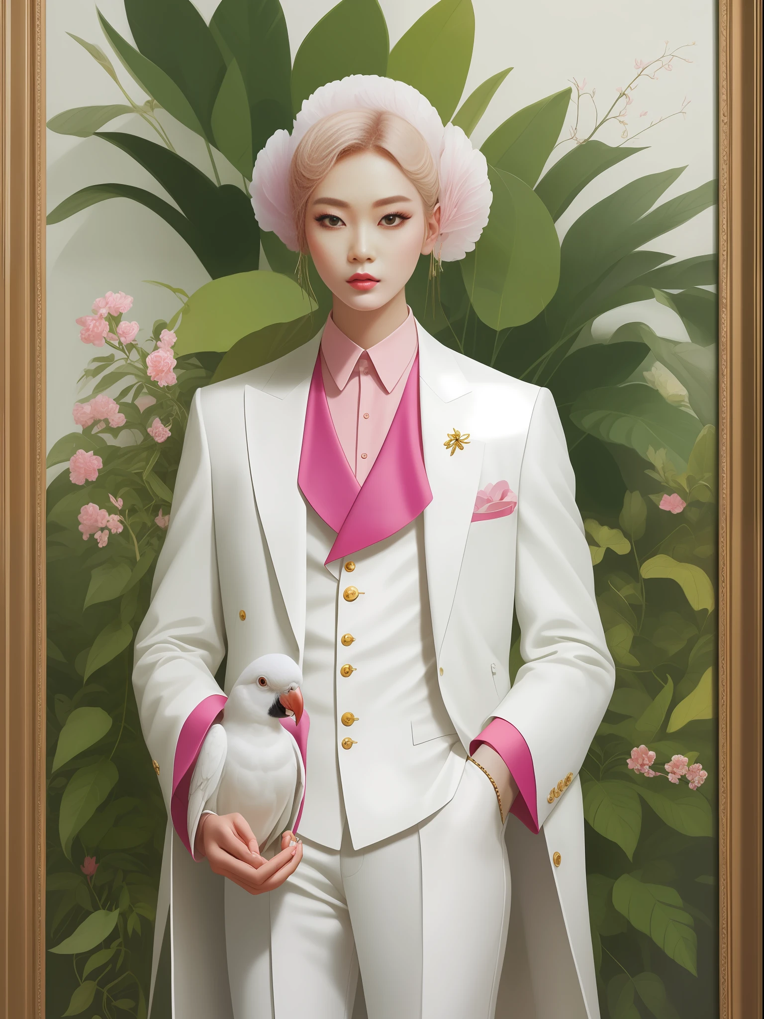 A fashion magazine, Hyperrealistic oil painting, a pure white parrot, A neutral model in a white suit, pink and emerald, Plants cover the background, (style of artist hsiao-ron cheng), shiny hair, cowboy shot, Art Deco, Verism, bloom, award winning, retina