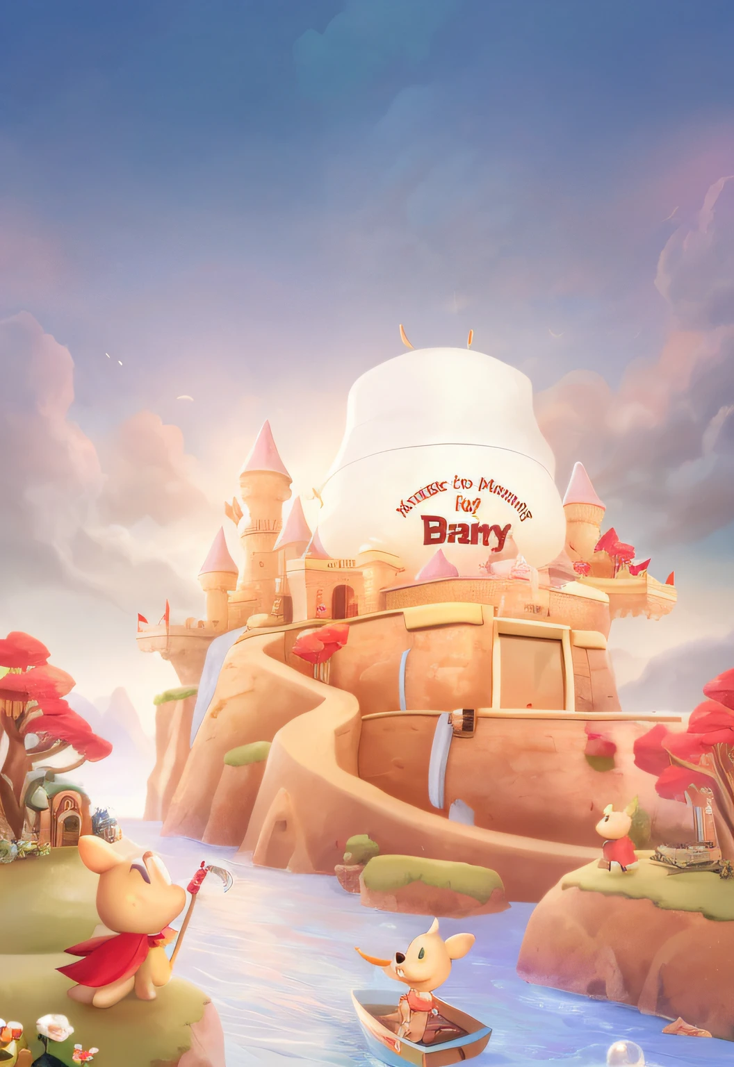 cartoon character in a boat in front of a castle on a lake, fantasy matte painting,cute, background artwork, by David Bailly, background art, loadscreen”, adorable digital painting, concept art, concept art, by disney, promotional render, light kingdom backdrop, fairy tale style background, official artwork, c 4 d ”, flying cloud castle, promo image
