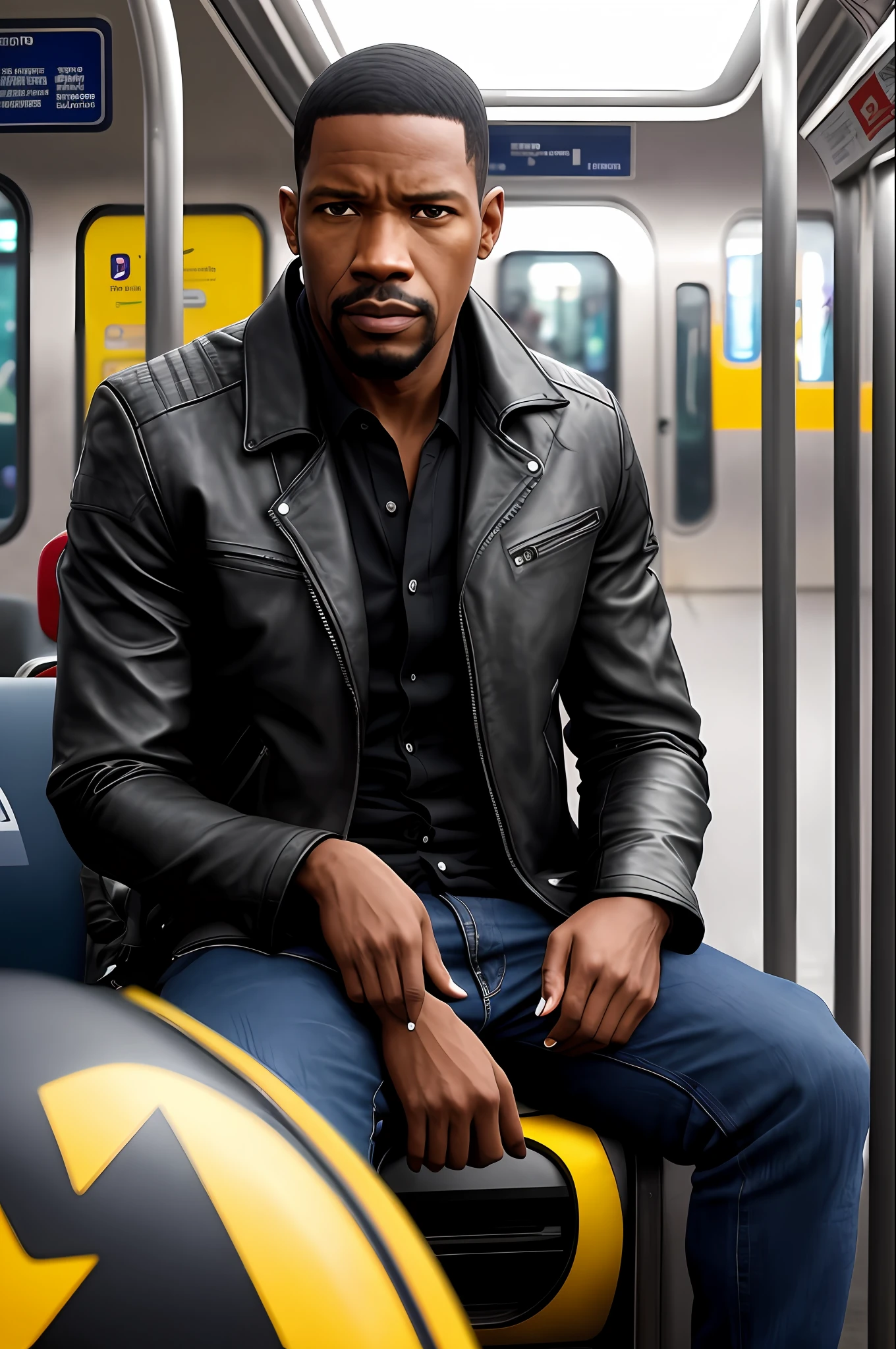 airbrush of (Jamie Foxx:Denzel Washington:0.66) as an african male of 27, buzzcut, sitting, black leather jacket, black shirt, intense, moody, background is a metro car, underground, dark, dramatic lighting, intricate, dark, (sci-fi:1.3), detailed face and eyes, higly detailed skin, 8k uhd, sharp focus, professional, best quality