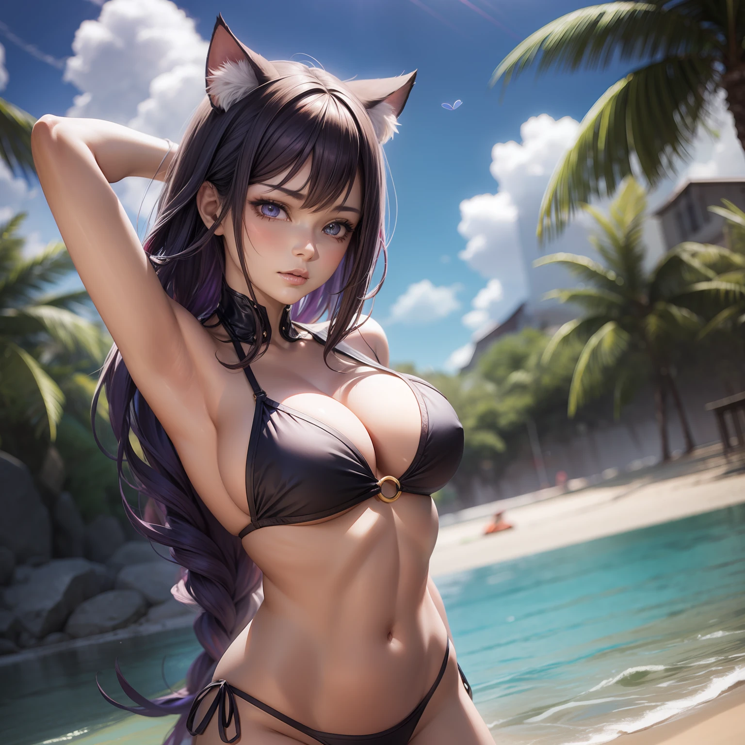 kai'sa, anime girl in a bikini posing on the beach with a rainbow in the background, seductive anime girl, beautiful anime girl, extremely detailed art, digital anime art, realistic anime art style, realistic 3d anime, photorealistic anime, realistic bikini, realistic 3d anime style, render photorealistic anime girl, beautiful anime woman, soft anime cg art, red bikini, cat ears,