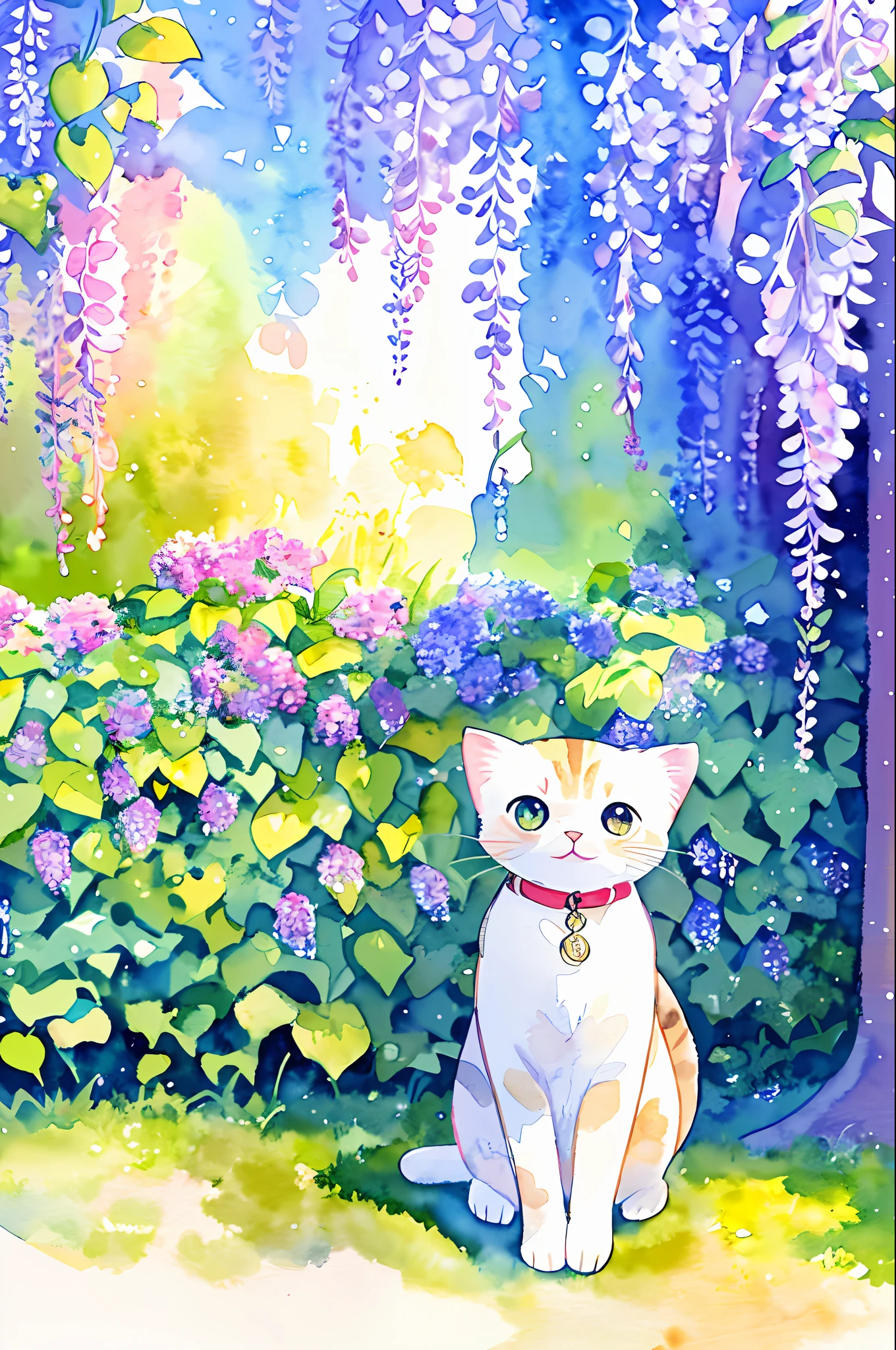 Cat, full body, (pastel color: 1.5), (cute illustration: 1.5), (watercolor: 1.2), back of wisteria flower,