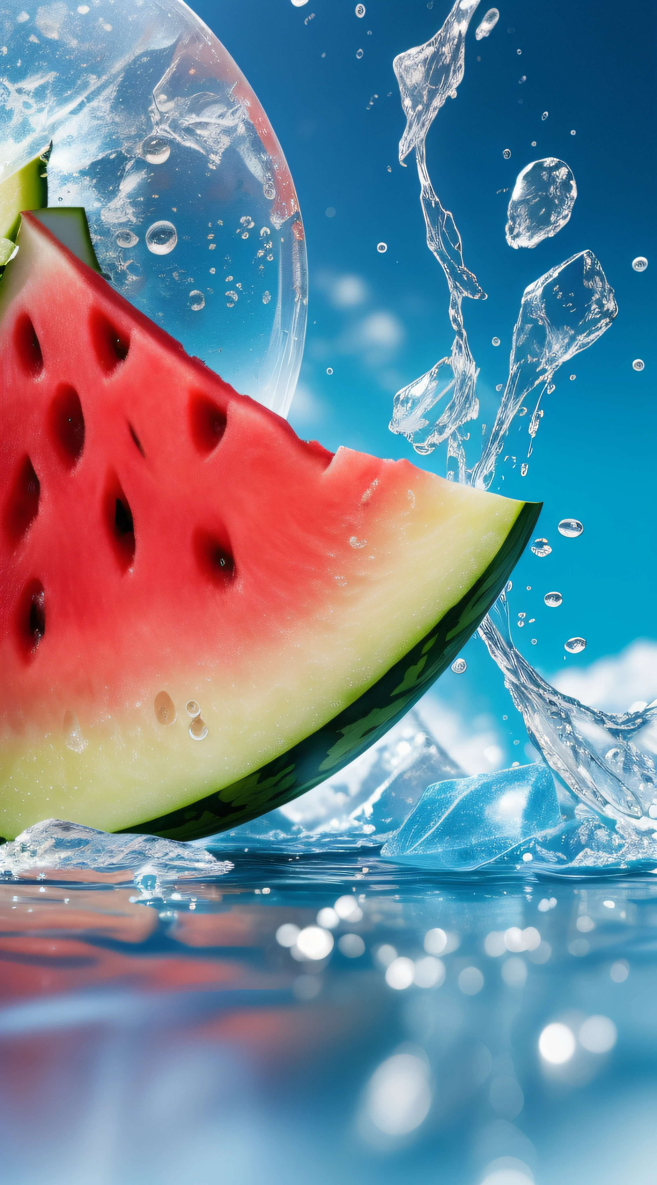(Best Quality, 8k, 32k, Masterpiece, UHD: 1.2), blue sky background, a piece of cut watermelon, ice cubes, water droplets, water drops and water surface, water droplets, ice cubes