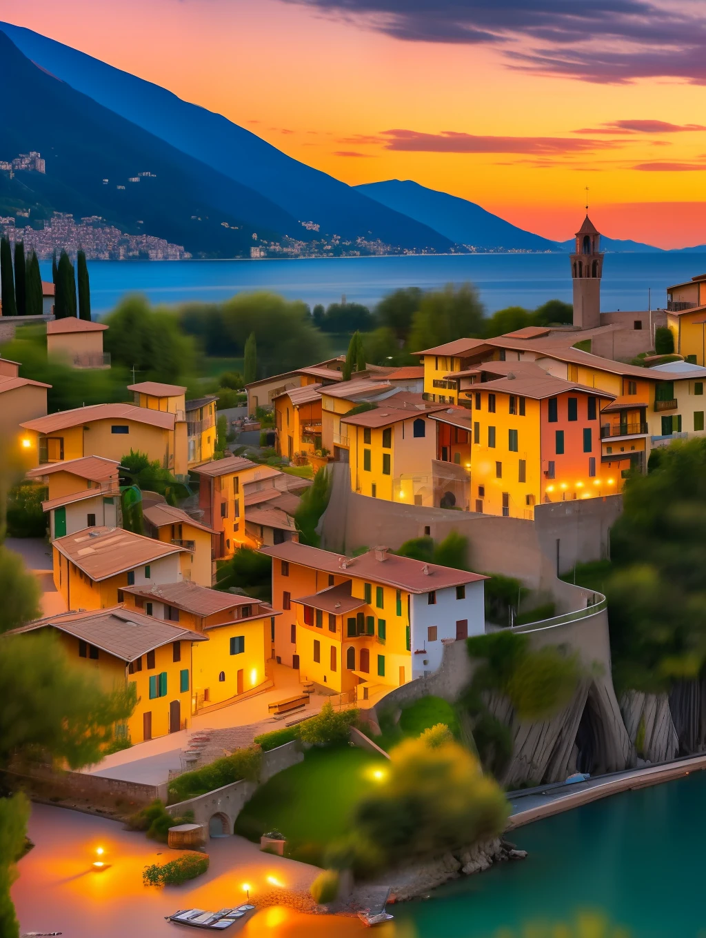 A beautiful and charming Italian village by the shore of lake Cuomo, Italy, sunset, lights on, dramatic lighting