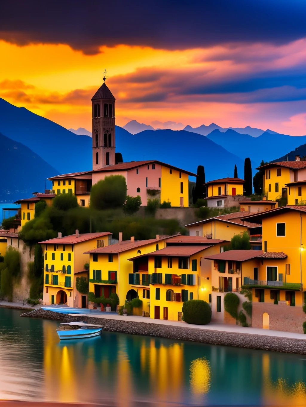 A beautiful and charming Italian village by the shore of lake Cuomo, Italy, sunset, lights on, dramatic lighting