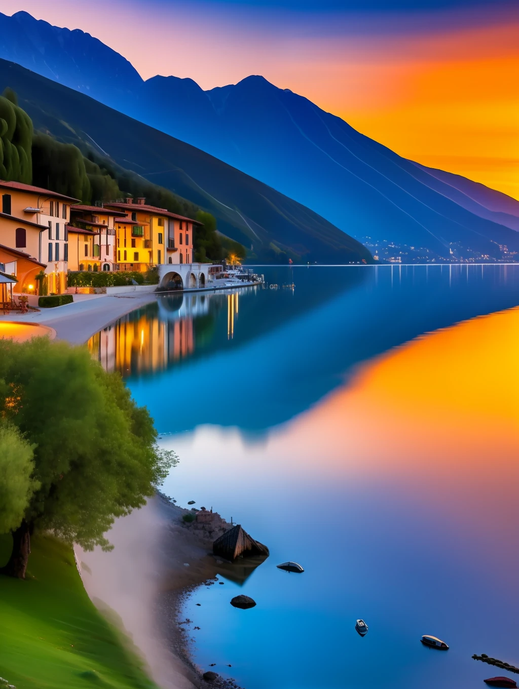 A beautiful and charming Italian village by the shore of lake Cuomo, Italy, sunset, lights on, dramatic lighting