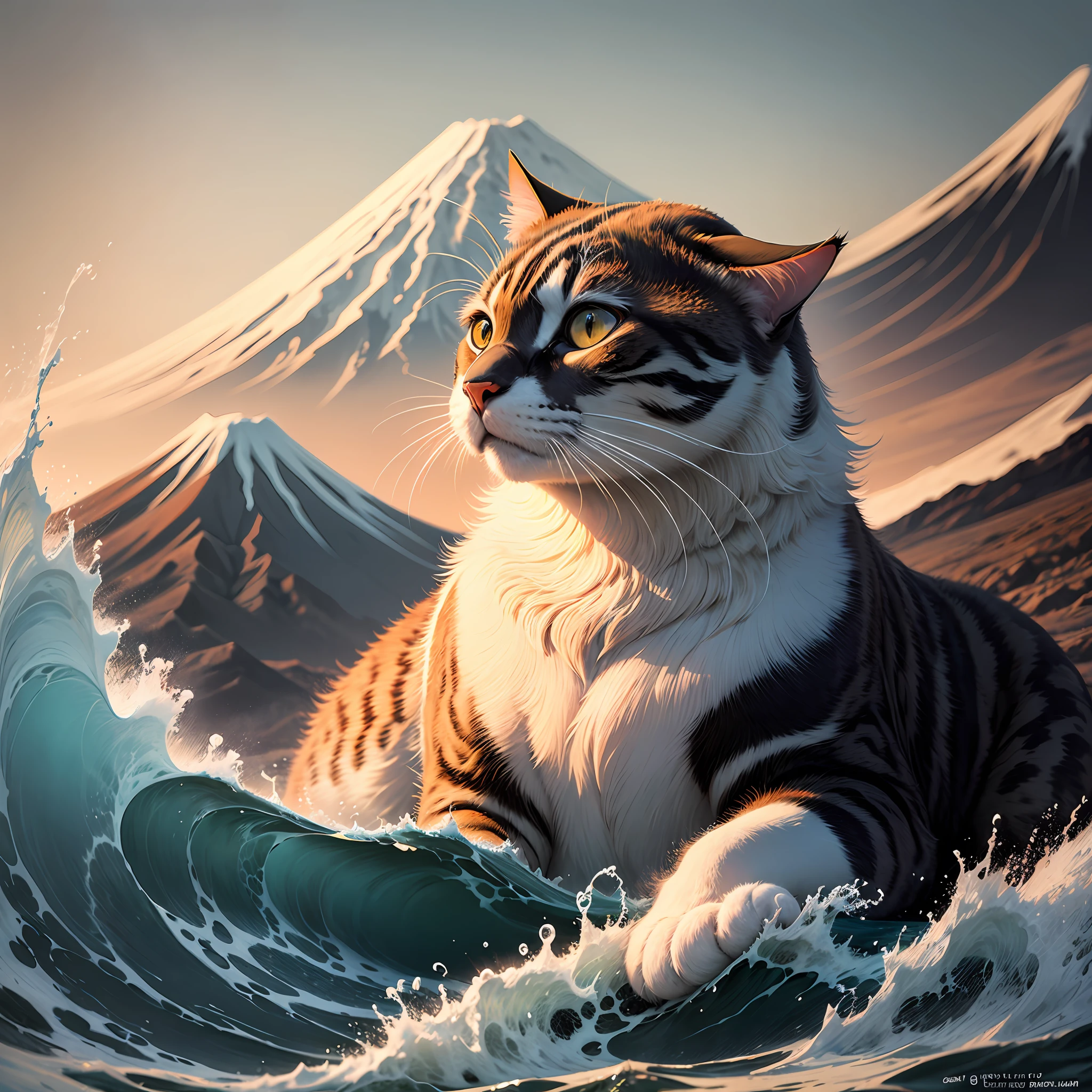Ukiyo-e A cat appearing from the waves of Mt. Fuji --auto