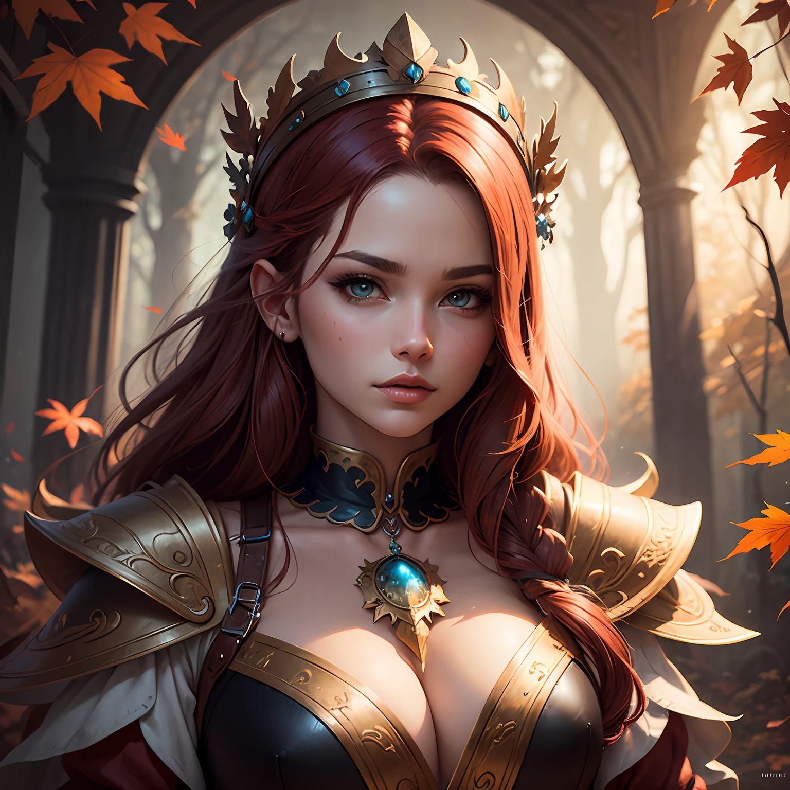 Goddess of autumn, close-up of a woman with a crown on her head, red hair, against the background of autumn multicolored, maple leaves, beautiful fantasy portrait, beautiful fantasy portrait, beautiful gorgeous digital art, fantasy portrait, detailed matte fantasy portrait, detailed fantasy digital art, beautiful fantasy art, gorgeous digital art, fantasy portrait, beautiful fantasy maiden, fantasy art, Epic Fantasy Art Style HD, Beautiful Digital Art, Fantasy Art Behans --auto