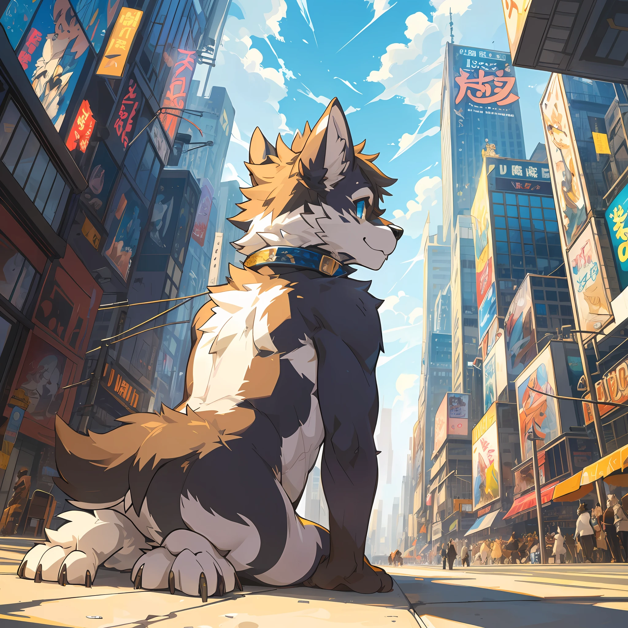 3-point perspective, top quality, best quality, High-quality illustrations, movie poster, masterpiece, super high resolution, detailed background, Crowded cityscape, Crowd(highly detailed beautiful face and eyes)absurdres, perfect anatomy(cute 1girl, warking, beautiful back view, kemono)(furry)(furry anthro:1.7)(Furry body, dog facial features, dog body features)(very detailed body fur)low angle full shot, shot from behind,